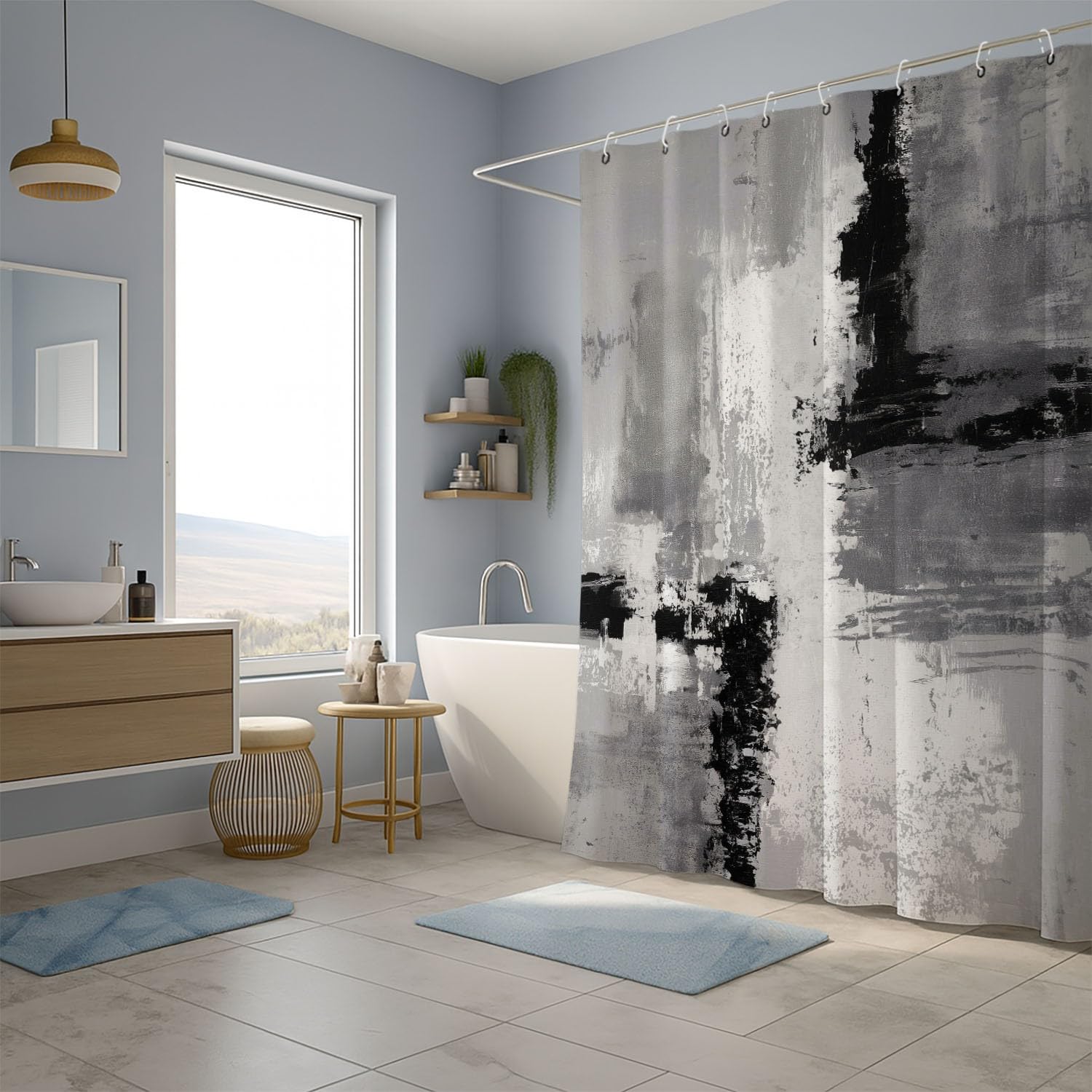 Zasłona prysznicowa 240 x 200 cm, 1 panel, miękka mikrofibra, wodoodporna i odporna na pleśń, nadaje się do prania, do łazienki, wanny, z oczkami i haczykami, szara, abstrakcyjna, przemysłowe bloki