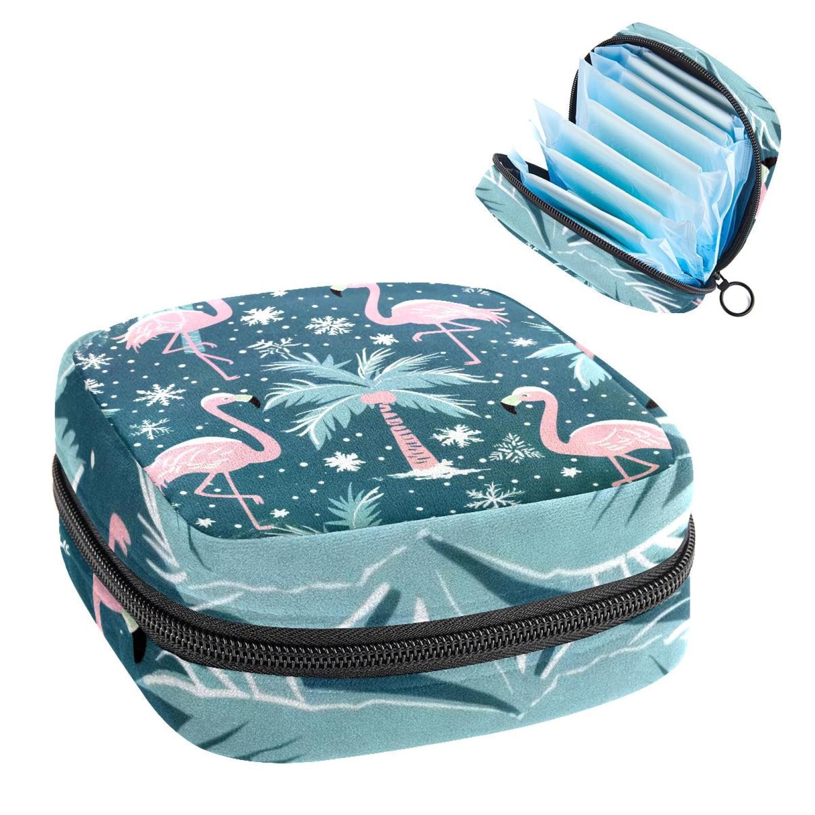 Sanitary Napkin Storage Bag for Feminine Pads, First Period Kit for Women, Cute Pink Flamingo Snowflake Pattern Portable Menstrual Period Sanitary Pouch
