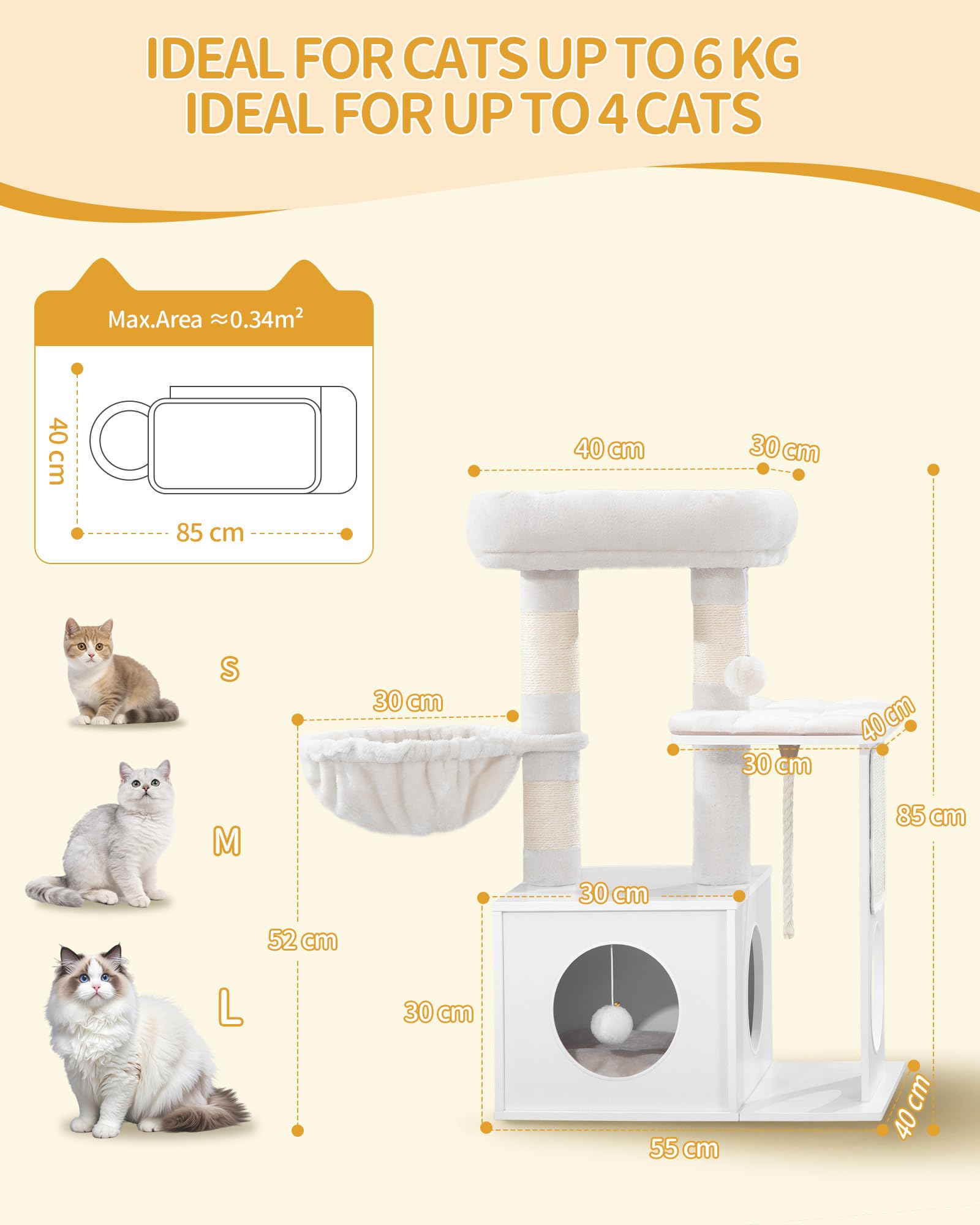 Hzuaneri Rascador y Moderno para Gatos, 85 cm de Alto, con 3 Postes Rascadores, Tapete Extraíble y Lavable, 1 Cueva, 2 Plataformas, 1 Cesta y Pompones, Blanco MS08313WT