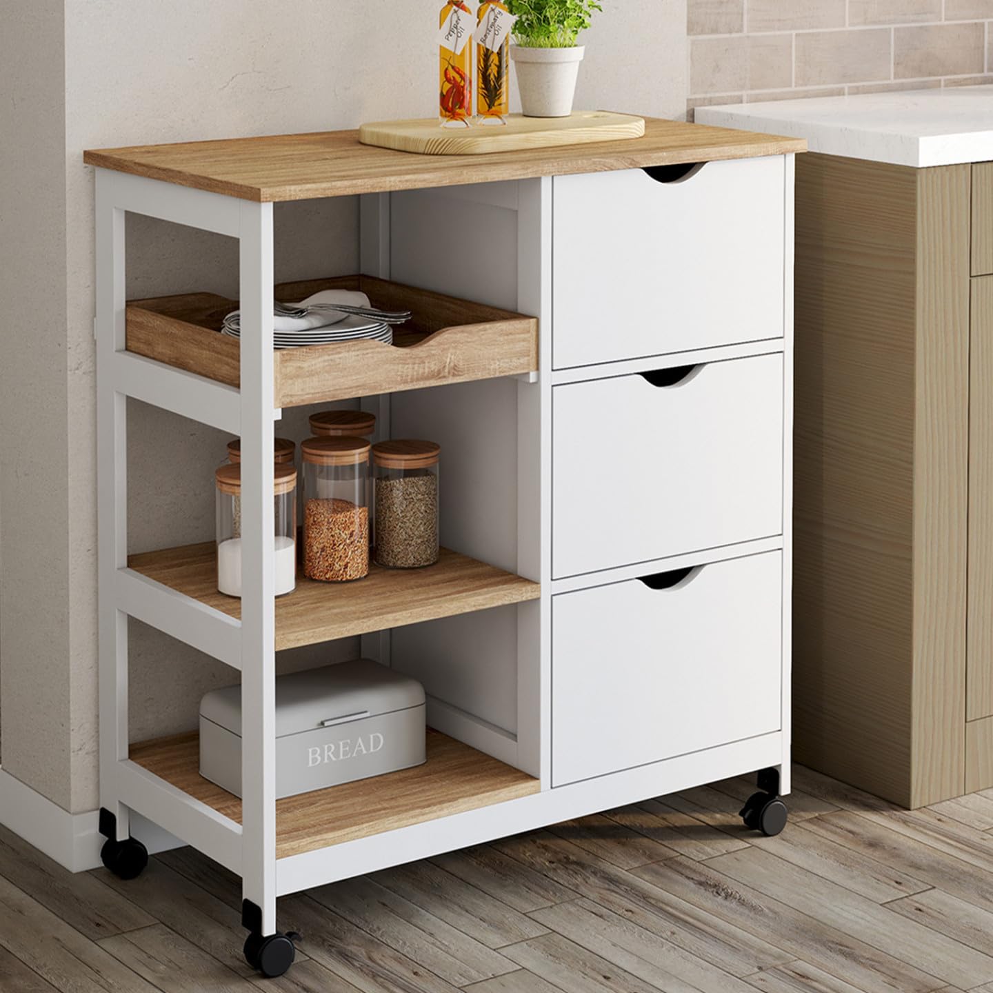 IDMarket - Carrito de cocina MUNA 3 cestas + 1 bandeja extraíble blanca y efecto haya L.76 cm
