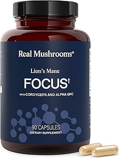 Real Mushrooms Lion’s Mane Focus Capsules (90 Count) – Organic Lions Mane Fruiting Body Extracts with 200mg Alpha GPC Choline for Mental Clarity & Daily Cognitive Function