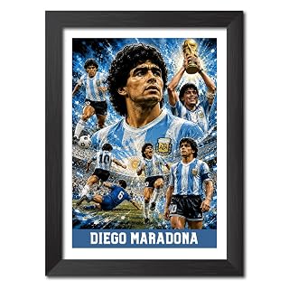 TenorArts Diago Maradona Argentina Worldcup Themed Laminated Photo Frame Painting with Matt Finish Black Texture (12 inches x 9inches)
