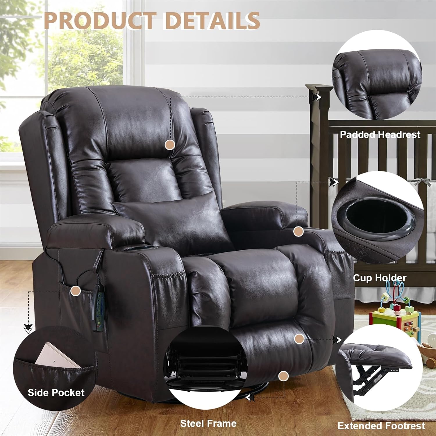 IPKIG Recliner Chair, Massage Swivel Rocker Recliner Chairs with Vibration Massage and Heat, Rocking Function, Side Pocket, 2 Cup Holders, Lumbar Pillow, Ergonomic Lounge Chair for Living Room (Blue)