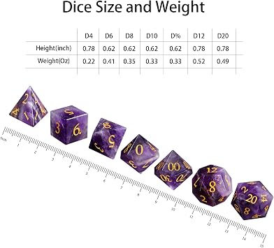 Natural Amethyst 7Pcs Polyhedral Dice Set, Natural Gemstone Multi-Faceted DND Dice for Dungeons and Dragons RPG Tabletop Game (Amethyst-Gold)