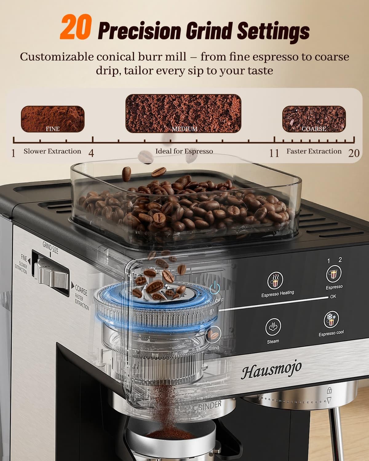 Máquina de café espresso con amoladora, cafetera compacta de 20 barras con espumador de leche, máquina de café profesional para el hogar, control táctil, capuchino y cafetera con leche