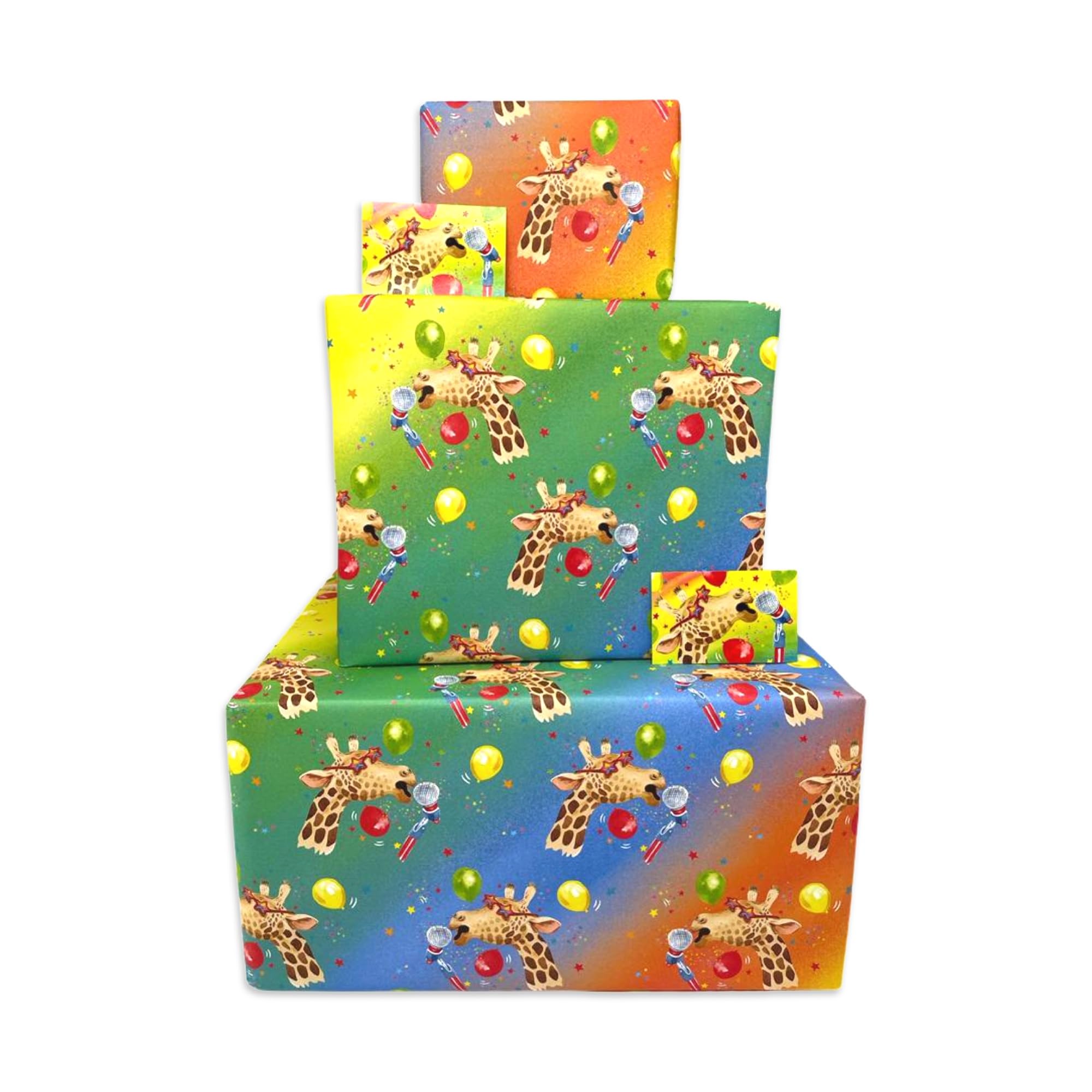 Twizler Children's Wrapping Paper & Matching Card - Giraffes - 4 Sheets & 4 Tags & Matching Card - 70cm x 50cm Folded Sheets - Kids Birthday Gift Wrap for Girls or Boys