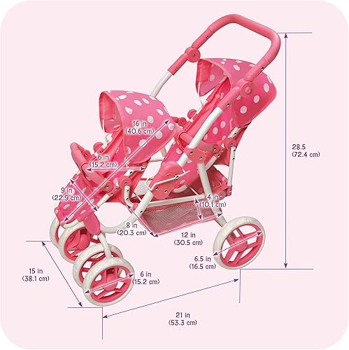 Miniatura 4 de Badger Basket Cochecito de muñeca doble reversible con lunares para muñecas de 16 pulgadas - rosalunares con asientos extraíbles