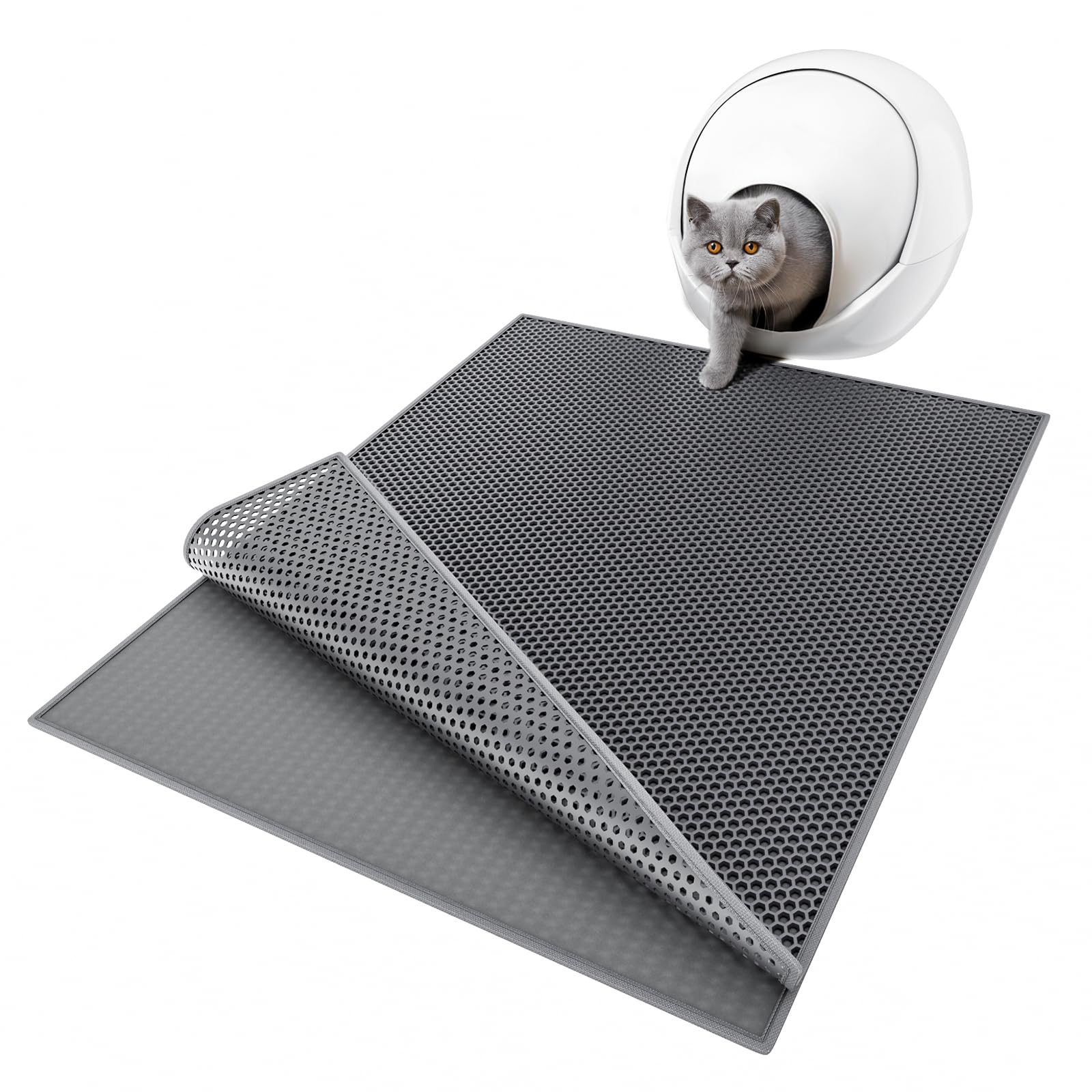 ESTHELLO Tapete para arena para gatos, tapete para atrapar arena para gatos, diseño de panal de abeja de doble capa, fácil de limpiar, lavable (36 x 30 pulgadas, color gris)