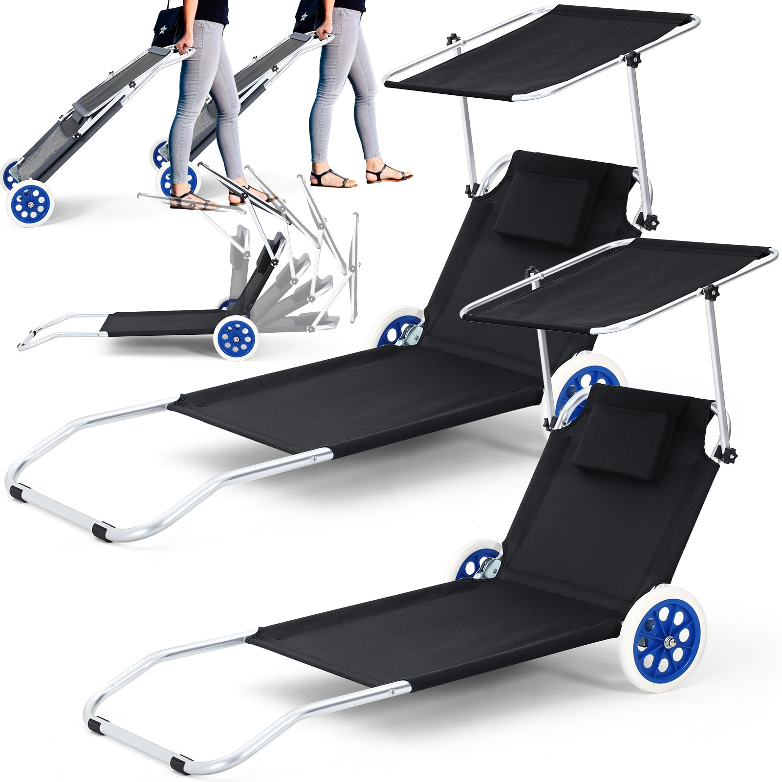 2 Pack Portable Outdoor Chaise Lounge Chairs with Wheels Folding Beach Lounge Chair with Canopy Sun Shade and Pillow, Adjustable Sunbathing Lounge Chair for Outdoor Beach Pool