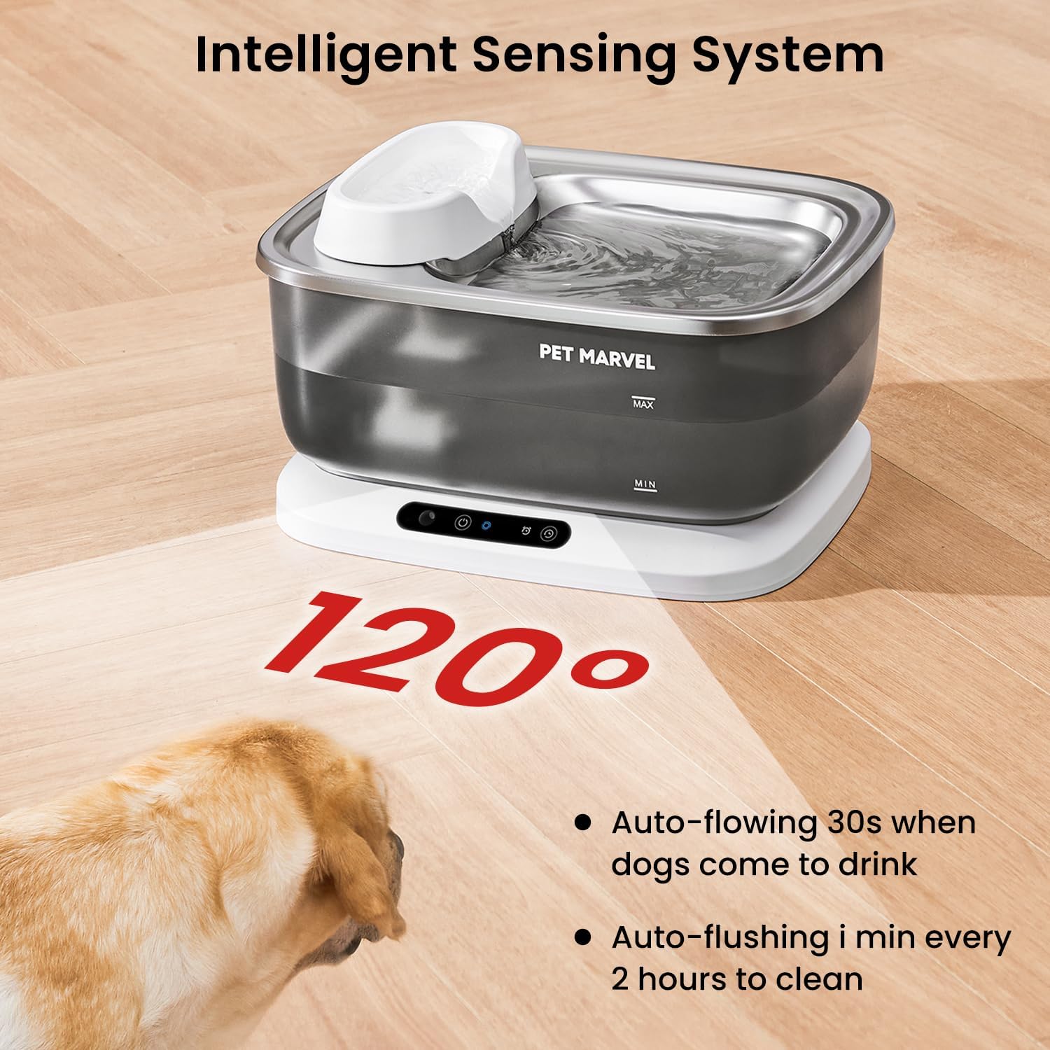 The PET Marvel F2 V2 water fountain demonstrating its 120-degree intelligent sensing system, which activates water flow when a pet approaches.