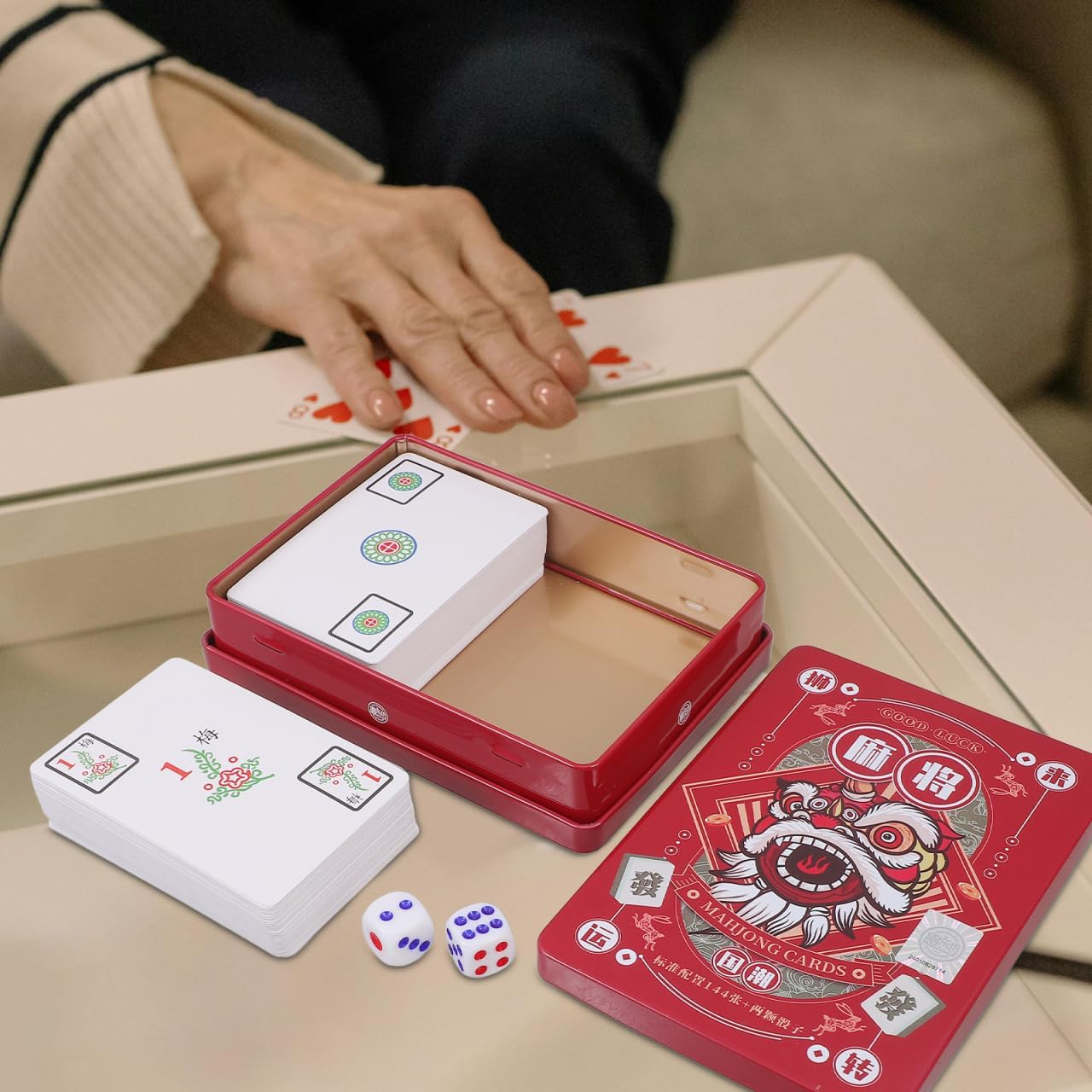 TOYANDONA Mahjong Card Game Chinese Mahjong Cards Set 144pcs Chinese Traditional Mahjong Playing Cards with Dices and Tin Box Small Pocker Mahjong Card for Travel Camping