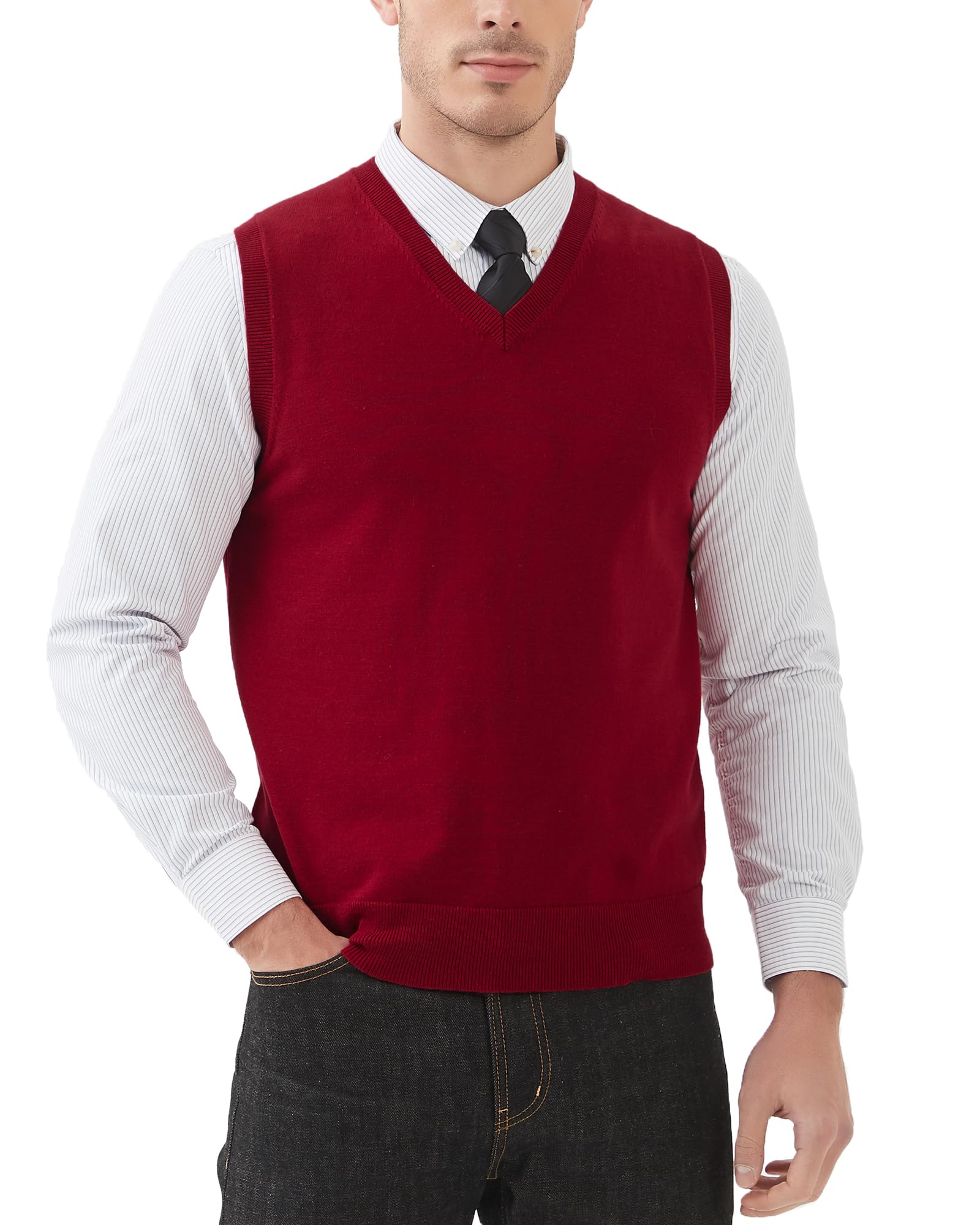 Kallspin Hommes Gilets en Coton sans Manches Col en V Gilets tricotés Pull-Over Relaxed Fit Sweater Vest