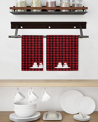 Miniatura 3 de Kitchen Towel 2 Packs Cotton Waffle Weave, Red and Black Plaid White Snowman Christmas 16 x 24 Inch Absorbent Quick Drying Dish Towels Clothes for