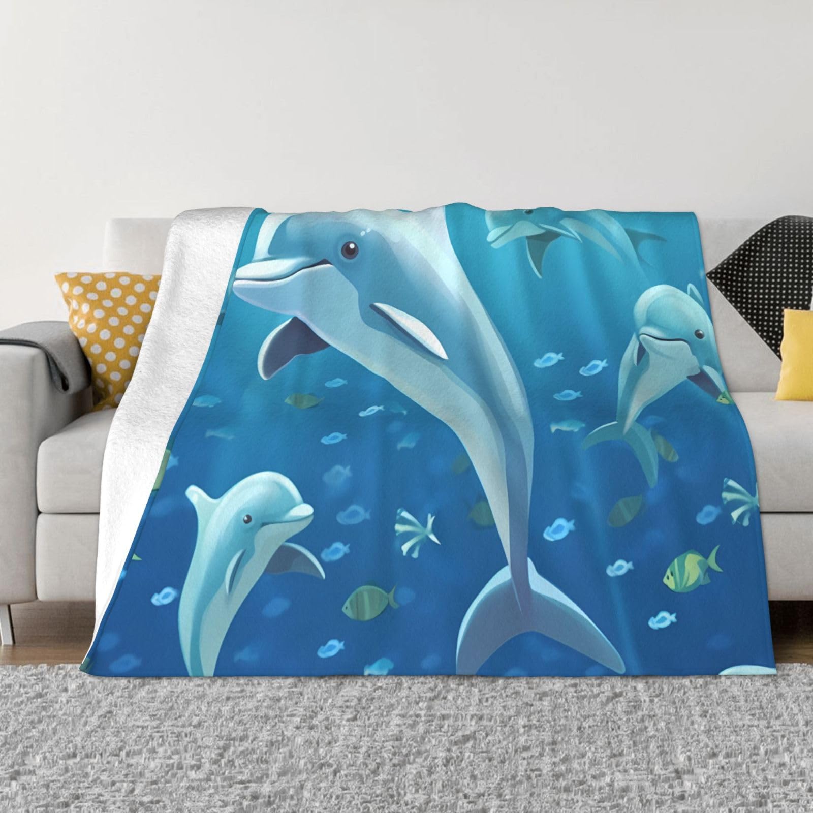 KLOPH Dolphin Throw Blanket 40"x30" Flannel Fluffy Warm Blanket for Couch, Reversible Plush Blankets for Bed, Comfy Fuzzy Blanket for Sofa, Plush Lightweight-Blankets for All Season