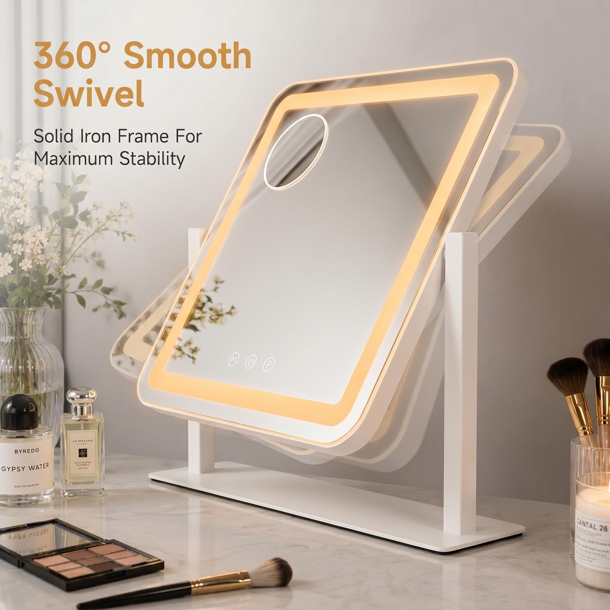 Sucedey Espejo de Maquillaje con luz, 46 x 36 cm, 3 Modos de luz, Brillo Ajustable, Control táctil, Espejo ampliación 10x Desmontable (Blanco)