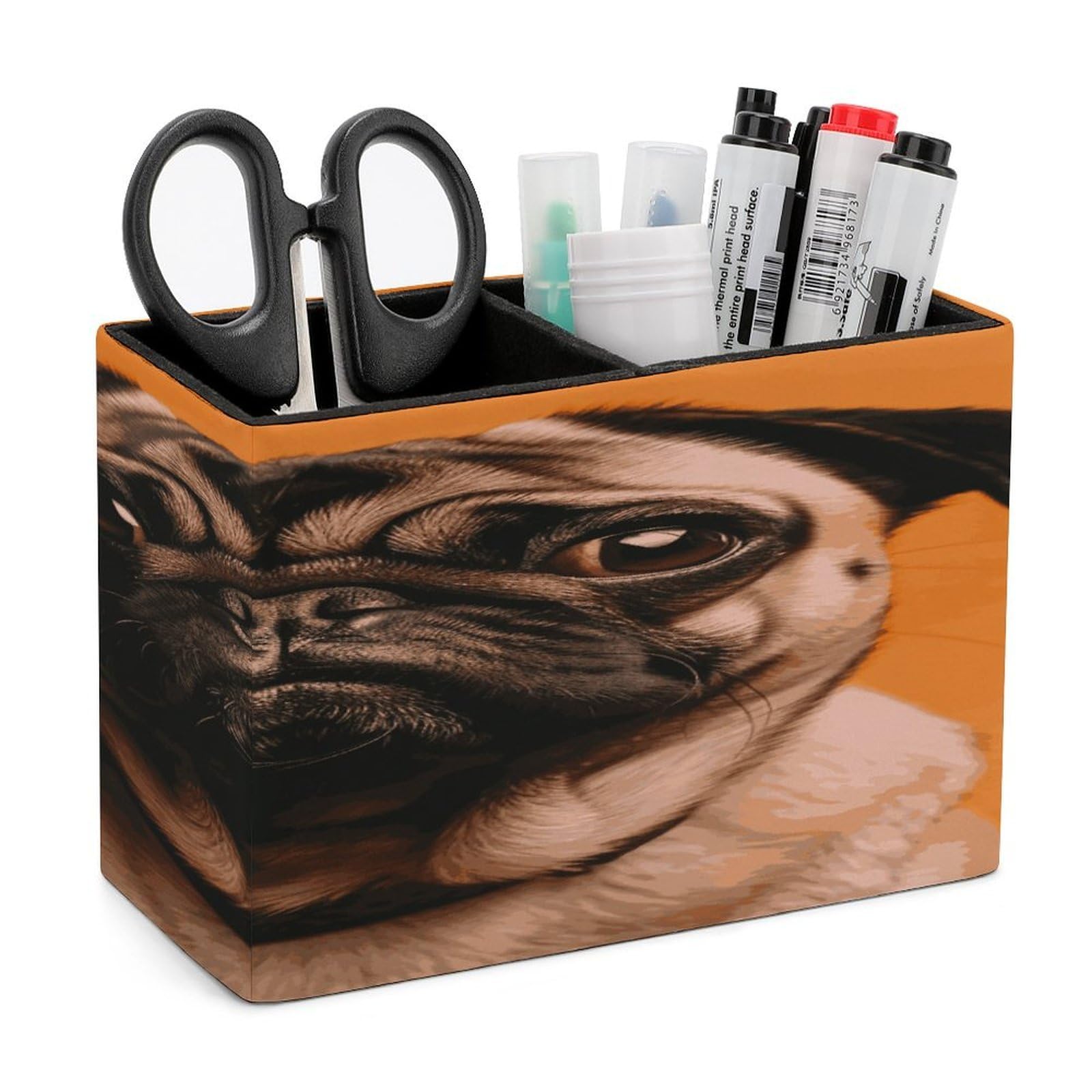 VstaDank A Pug Pencil Holder for Desk(Double Slots) Fashion Leather Pencil Cup Simple Rectangular Shape Pen Holder Multi-Functional Pen Cup for Home Office Supplies Storage