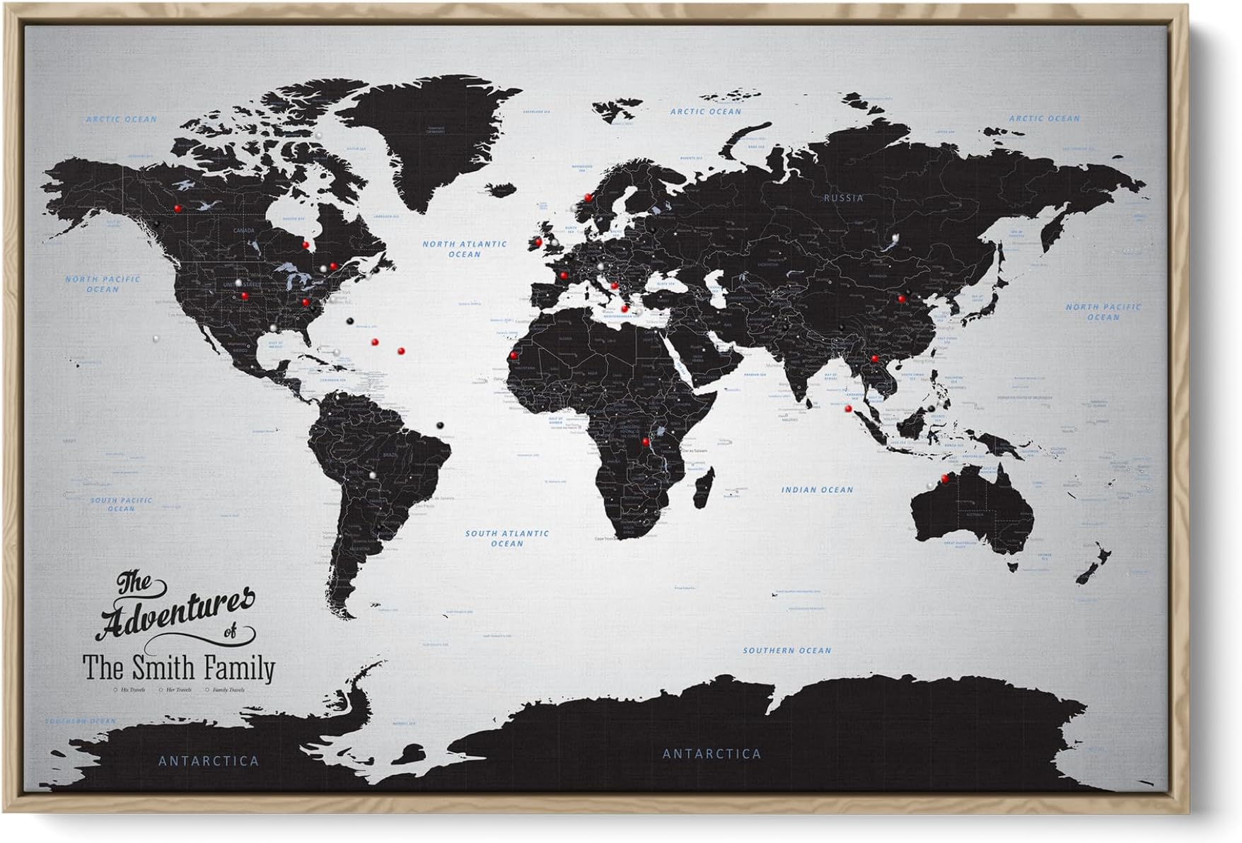Push Pin Travel Maps Black Ice World Canvas – Personalized Travel Map with Pins, Decorative Wall Art – Natural Float Frame – 24" x 36"