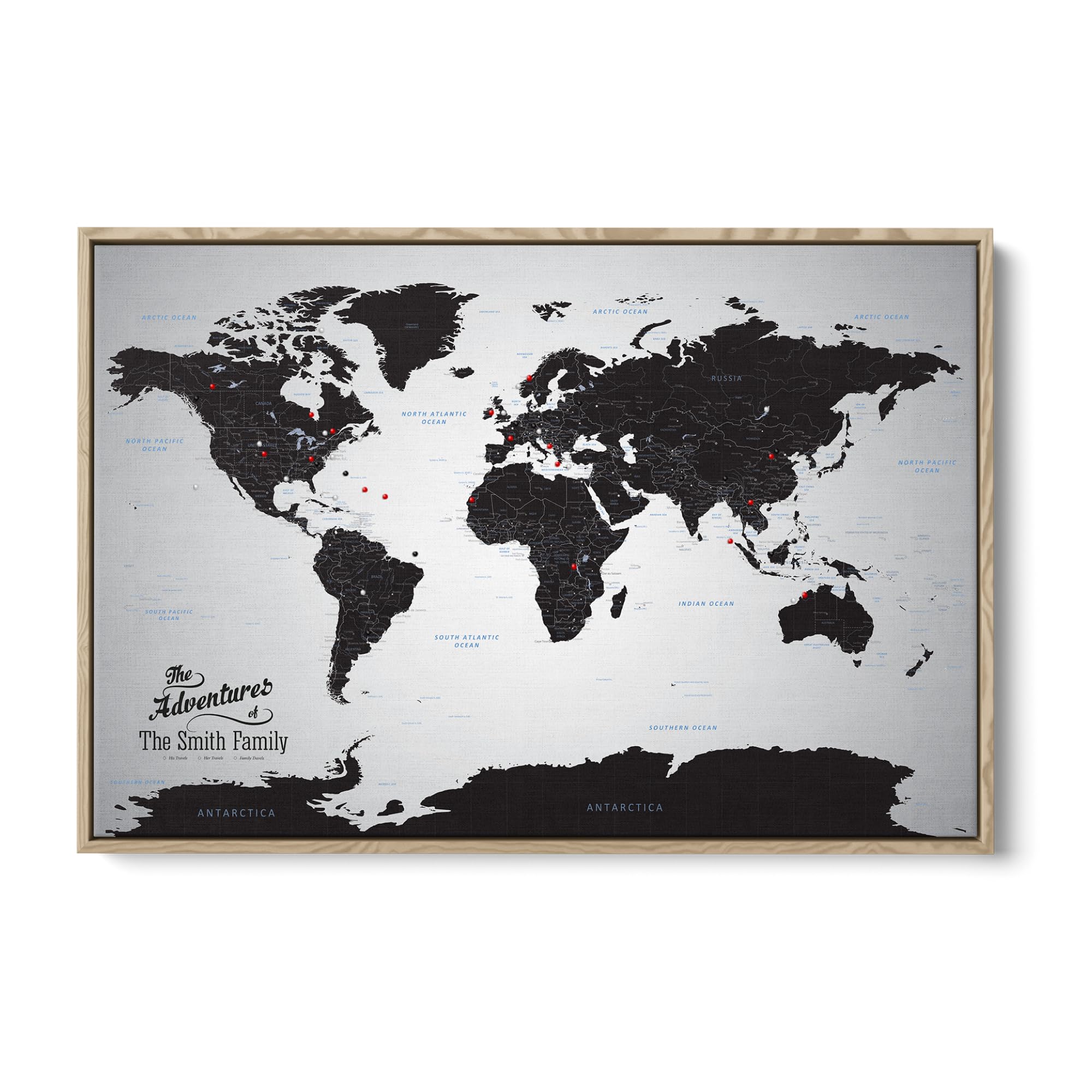Push Pin Travel Maps Black Ice World Canvas – Personalized Travel Map with Pins, Decorative Wall Art – Natural Float Frame – 24" x 36"