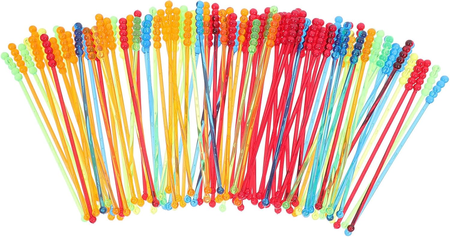 100pcs Plastic Beverage Stirrer Swizzle Sticks with Bead-shaped Ends Long Design for Cocktails and Tall Glasses Mixing Random Color