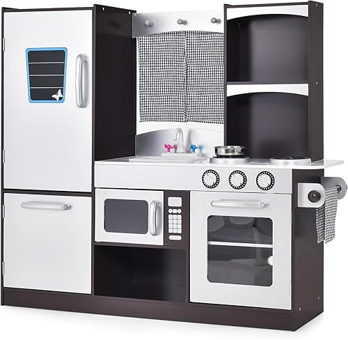 Miniatura 9 de HOMGX - Juego de juguetes de cocina multifunción para niños, juego de juguete de chef de madera con microondas, estufa, fregadero, grifo, armario de