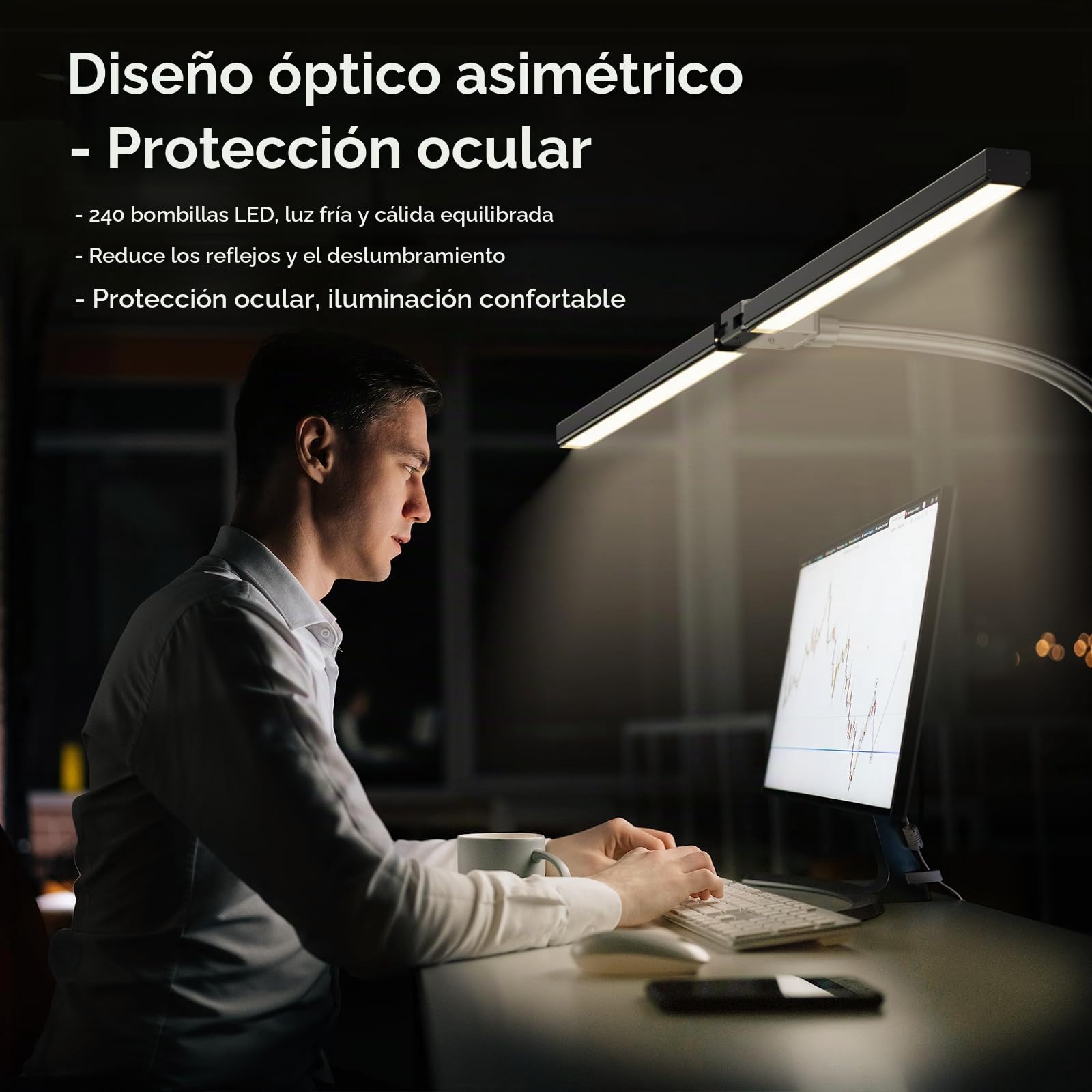 1300LM lampara de Escritorio LED 24W 80CM de Doble Cabeza Regulable con Control Remoto,24W 80CM para Monitor luz mesa con Abrazadera, Luz Diurna lamparas Oficina en Casa Brazo Giratorio pinza
