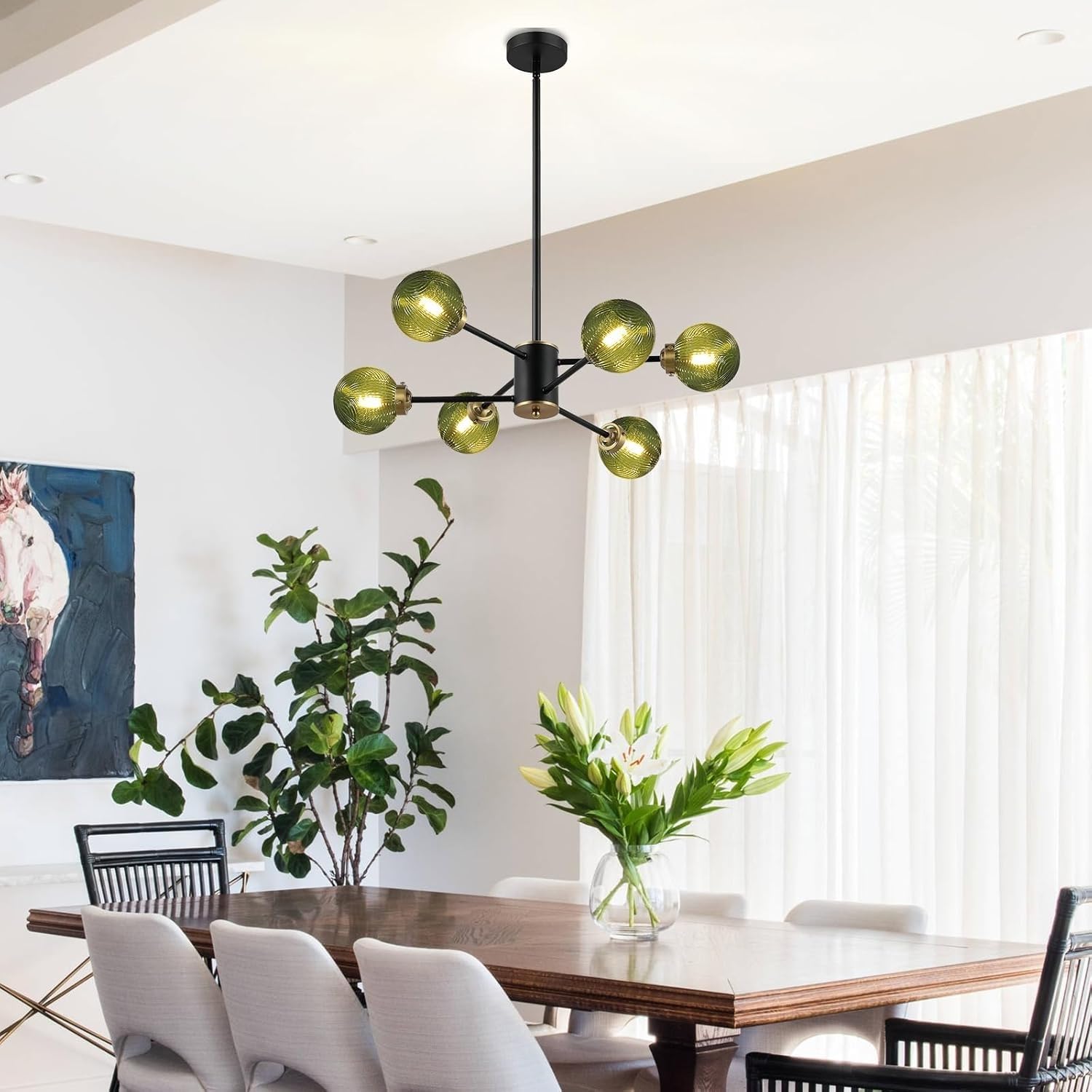 VTAMng Gold Chandelier Kitchen Island Green Glass Hanging Lamp Mid Century Modern Pendant Light Fixtures Metal Sputnik Light Fixtures Spherical lampshade Light Fixture Dining Room Living Room(Black)