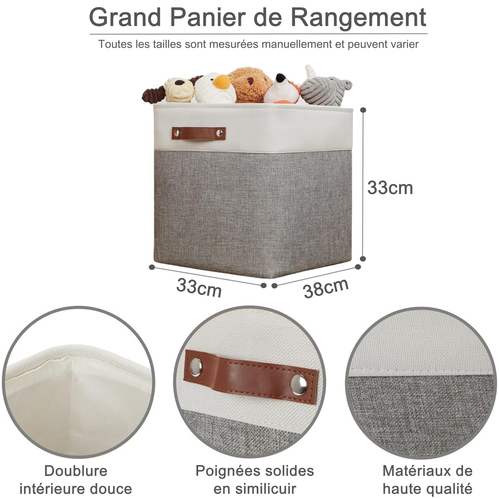 Boîte de Rangement en Tissu 33x38x33cm, Lot de 4 Paniers de Rangement Cubiques Pour Armoire, Étagère, et Vêtements, Gris&Blanc