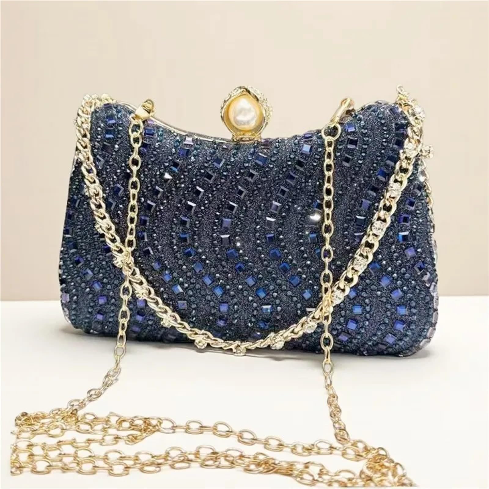 Bolso de noche con incrustaciones de diamantes de imitación finos, estilo retro, de lujo, dorado, plateado y azul, pequeño, for mujer, for boda o fiesta. Bolsos De Gala Con Strass