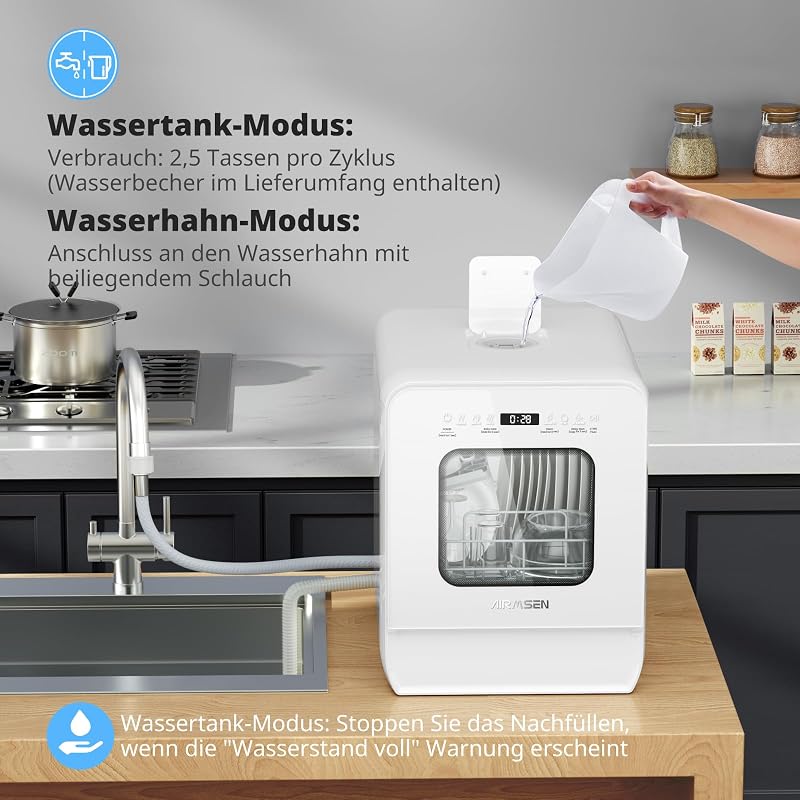 AIRMSEN Asztali Mosogatógép Mini 37x50cm Víztartállyal 9 Program 360° Permetezés Fehér
