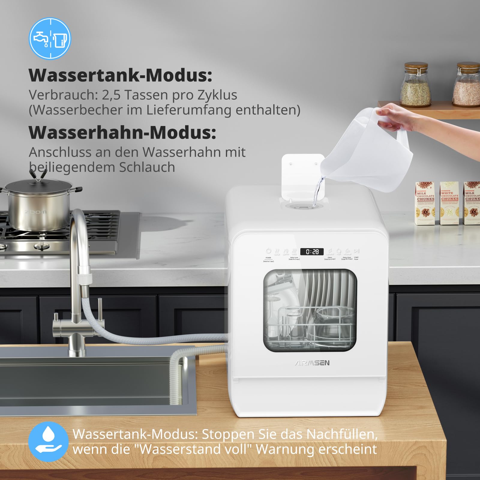 AIRMSEN Tischgeschirrspüler Mini Geschirrspüler 9 Programme 37x50cm Ultra-Schmal Tief 1-24H Timer 360° Doppelspray Weiß