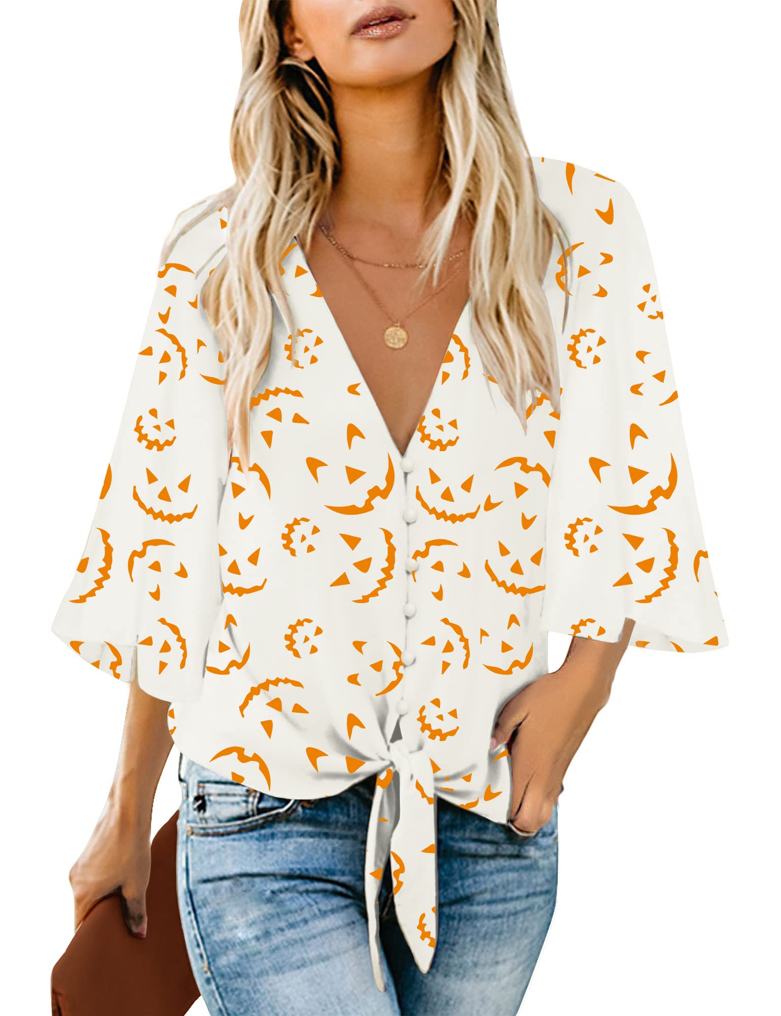 luvamia Women's Casual V Neck Tops 3/4 Sleeve Tie Knot Blouses Solid Button Down Shirts