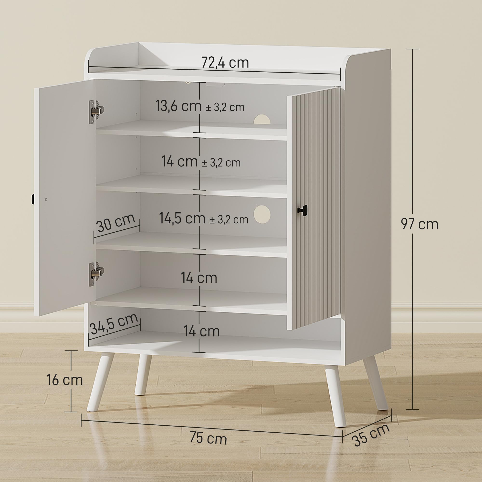 HOMCOM Zapatero de 2 Puertas en Lamas para 15 Pares 75x35x97 cm Blanco | Zapatero Entrada Recibidor, Estantes Ajustables, Compartimento Abierto