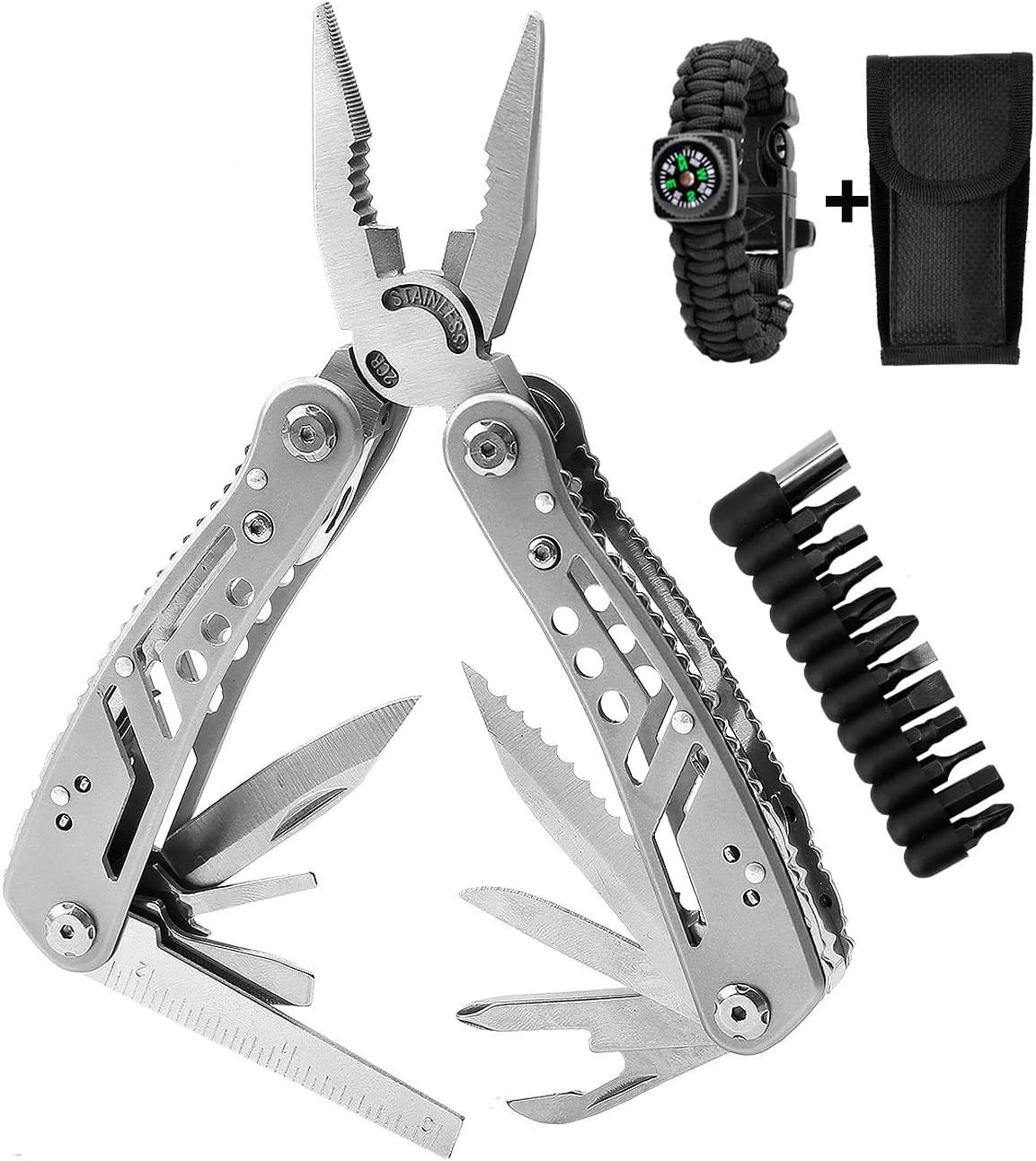 Multitool Pliers Knife Kit, Multitools for Men 24-in-1 Pocket Heavy Duty Stainless Steel Multi-Purpose Tool for Hunting Hiking Camping Outdoor Survival with Multifunctional Bracelet & Nylon Sheath