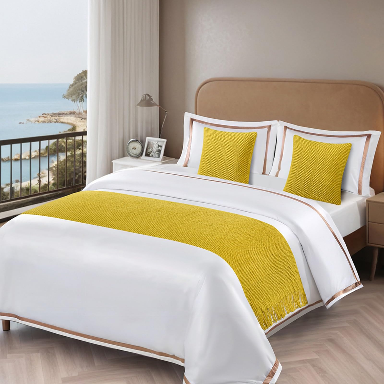 Bed Runners Double Bed Towel With Tassels, Soft Bed Scarves Bedspreads Throw Decor Protection, Morden Bed End Mat For Living Room Bedroom Hotel, Bed Cover Single Double Super King Size(Yellow,Pillowca