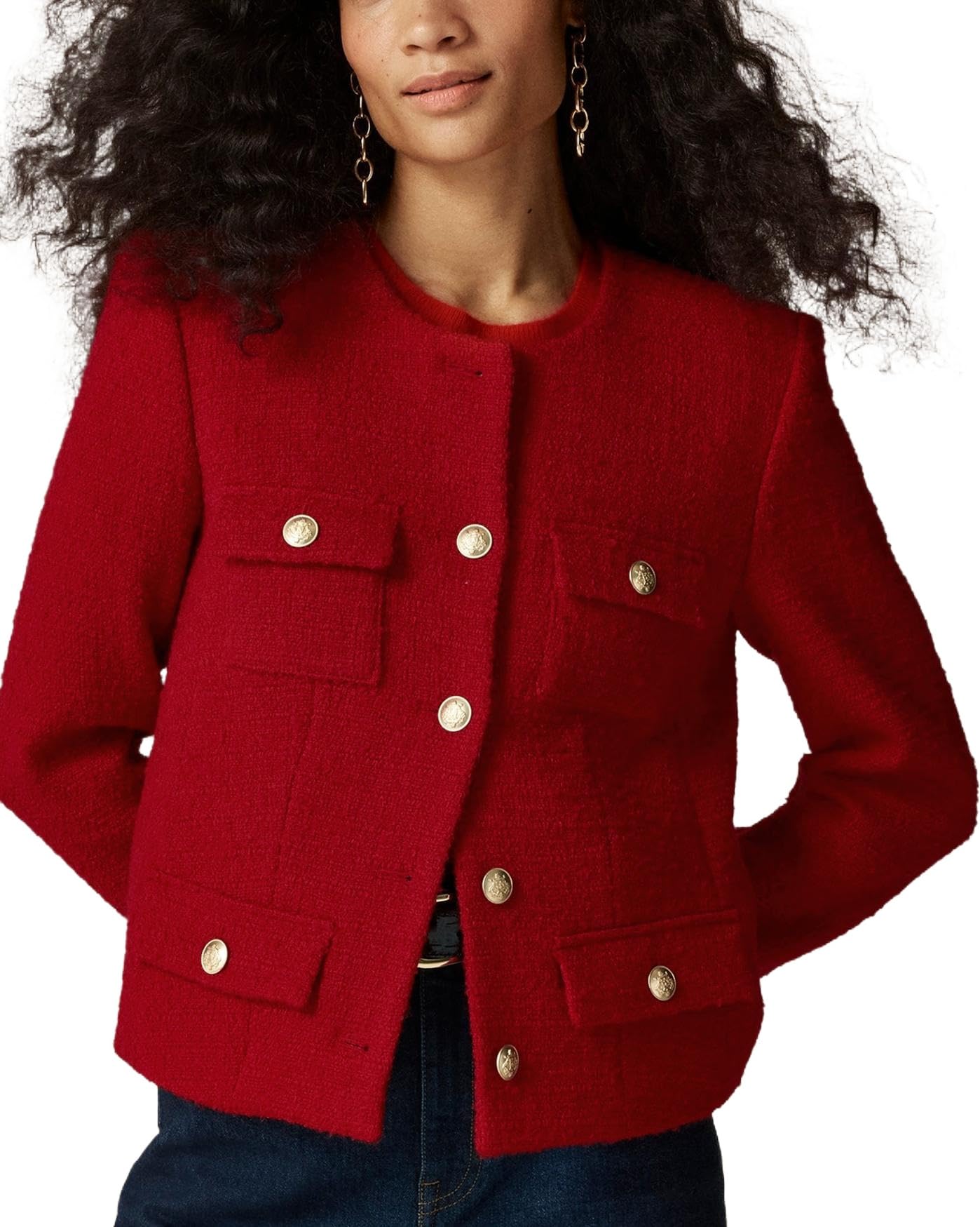 Womens Cropped Tweed Jackets Collarless Button Down Business Blazer Casual Outfits with Pockets