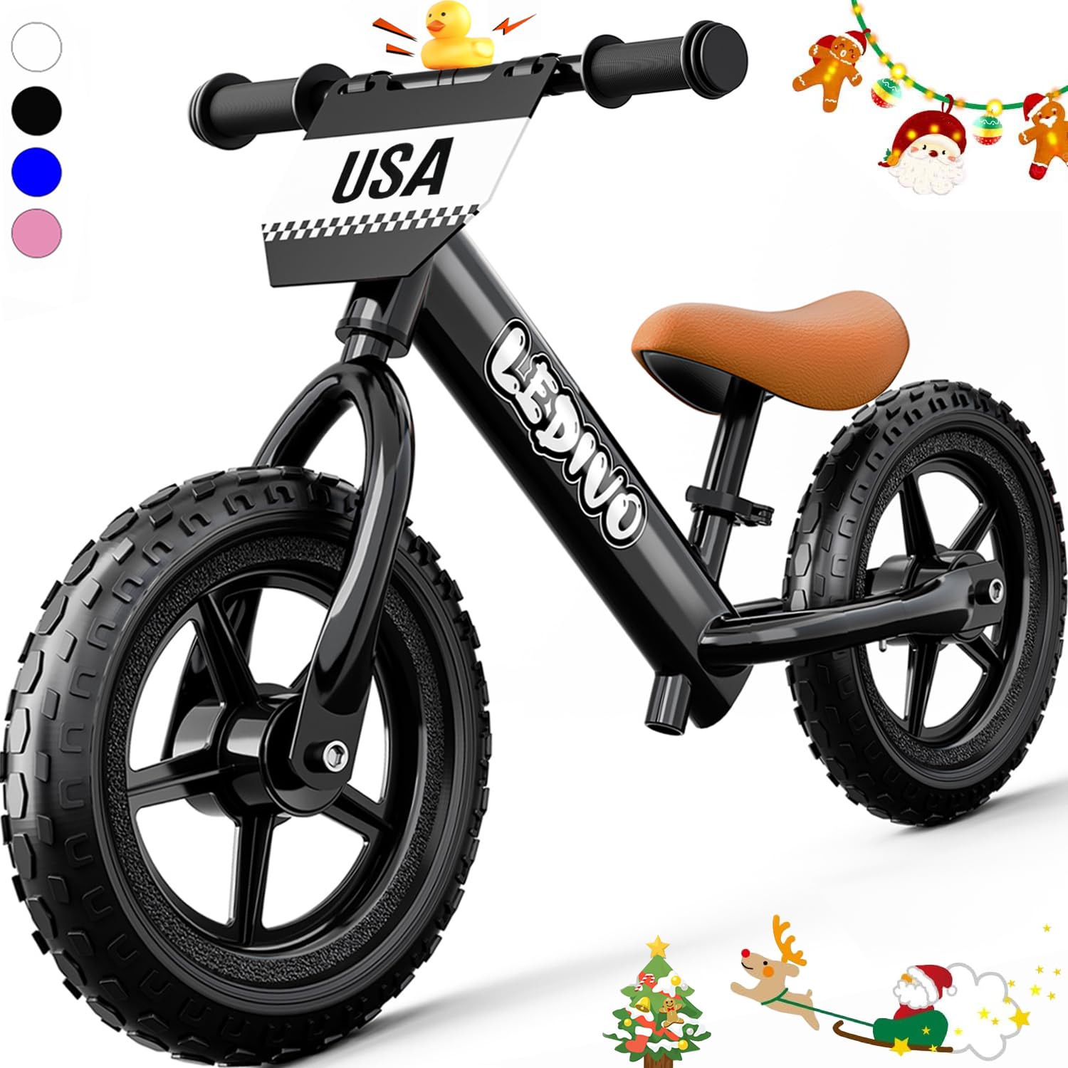LEDIVO Toddler Balance Bike 2 Year Old, Age 18 Months to 5 Years Old, 12" Push Bicycle w/Customize Plate (4 Sets of Stickers & Toy Duck Included), Kids Balancing Gift Bike for 3-4 yrs Boys Girls