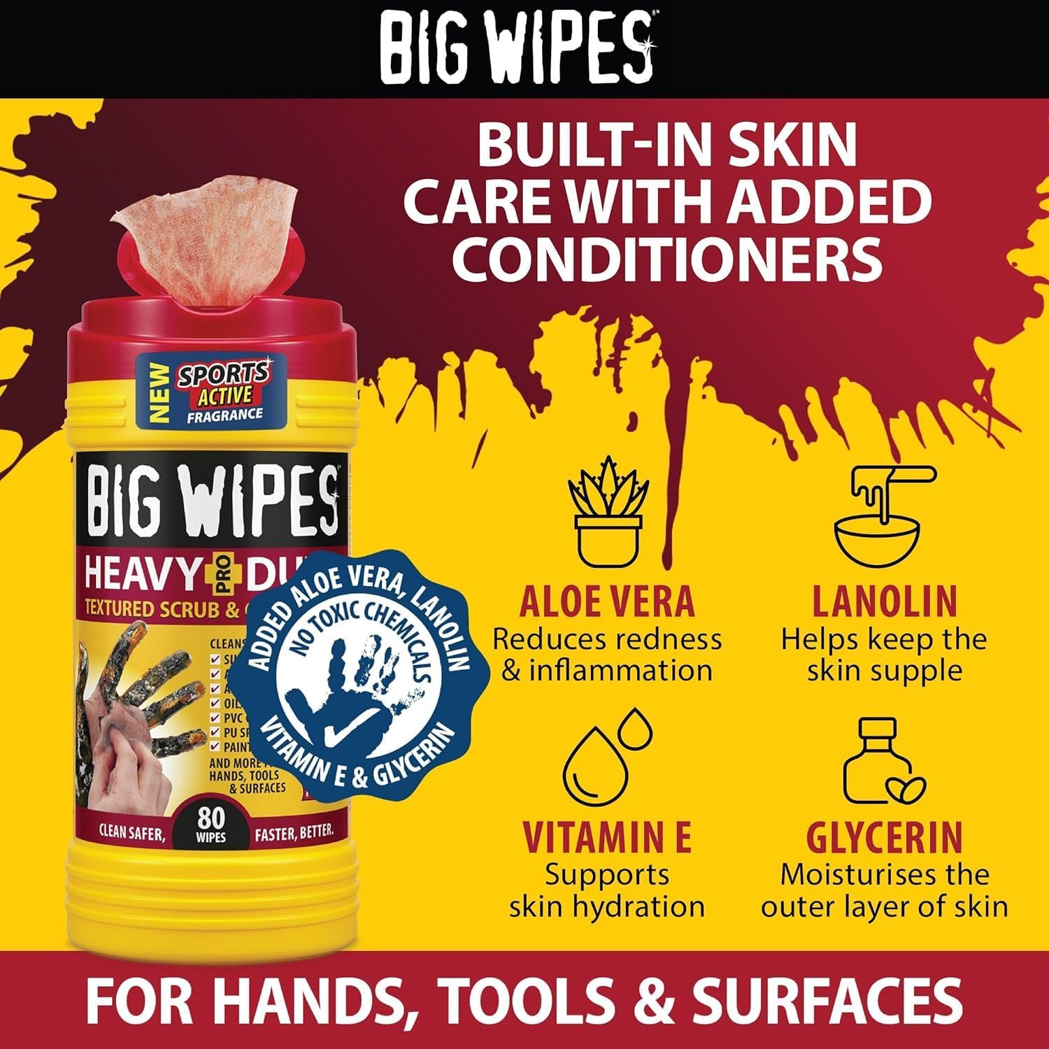 BIG WIPES Heavy Duty Industrial Hand Cleaning Wipes, Textured Scrubbing Degreaser Wipes for Mechanics and Tool Cleaner – 80 Count Canister (2 Pack)