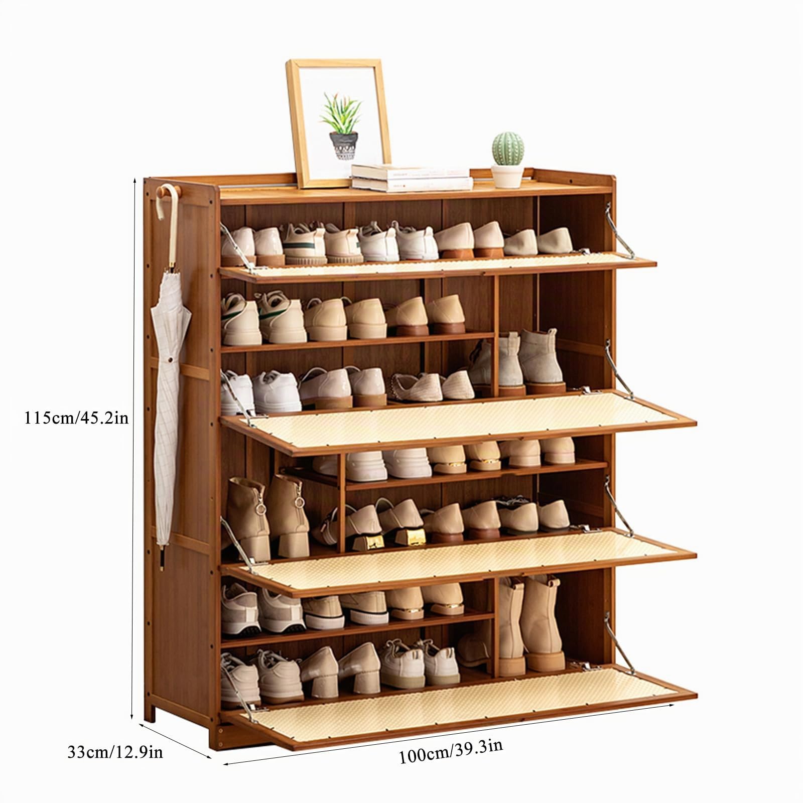Genérico Mueble Zapatero de Bambú con Puertas Abatibles, Armario Zapatero Organizador con 2 Ganchos, Organizador de Zapatospara Pasillo Sala de Estar, Dormitorio, Ancho 33cm (100×33×115cm)