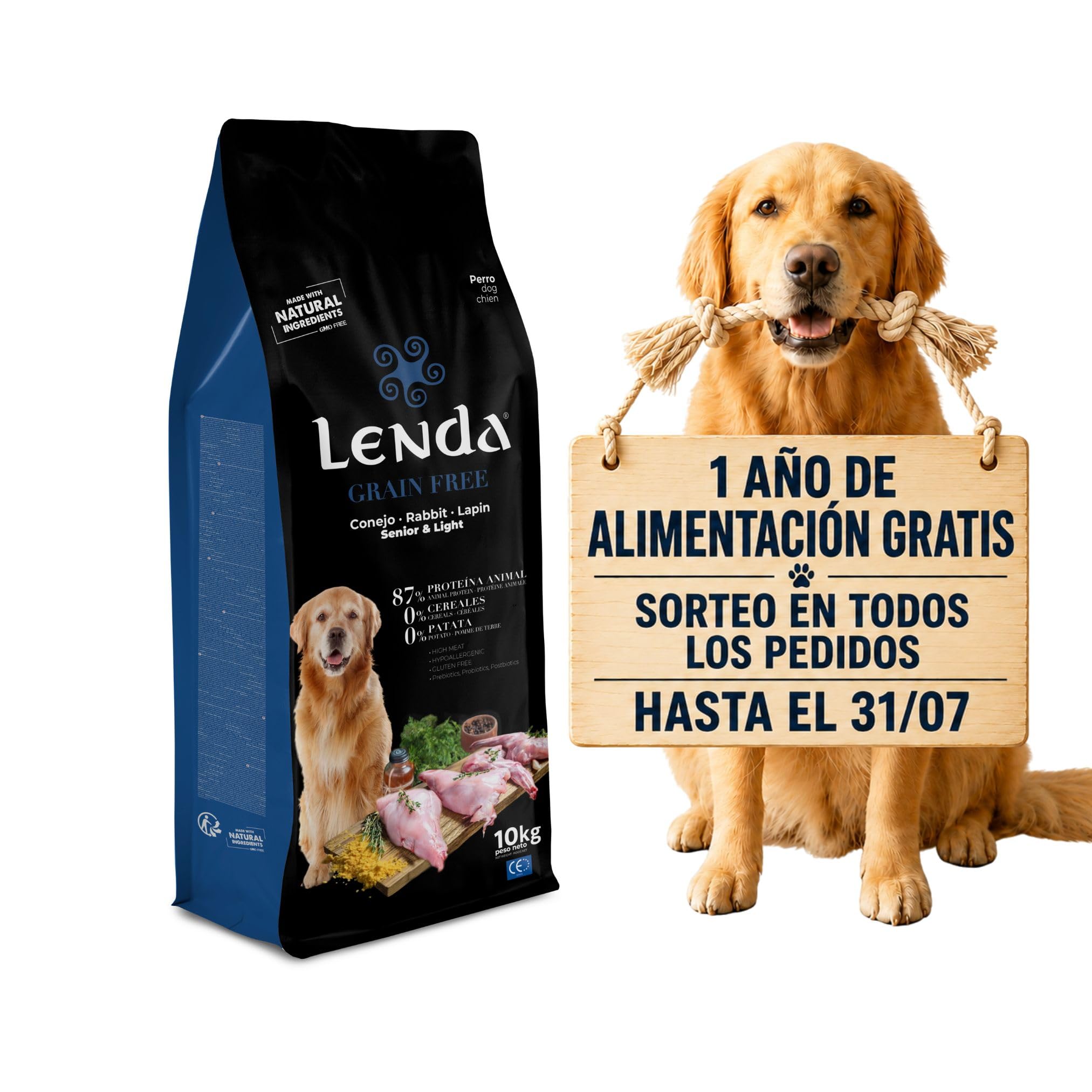 Lenda Grain Free Light y Senior 10kg - Pienso Hipoalergenico para Perro Bajo en Grasa Sin Cereales - Pienso sin Grano para Digestion Sensible - con Probioticos y Condroprotectores para Articulaciones