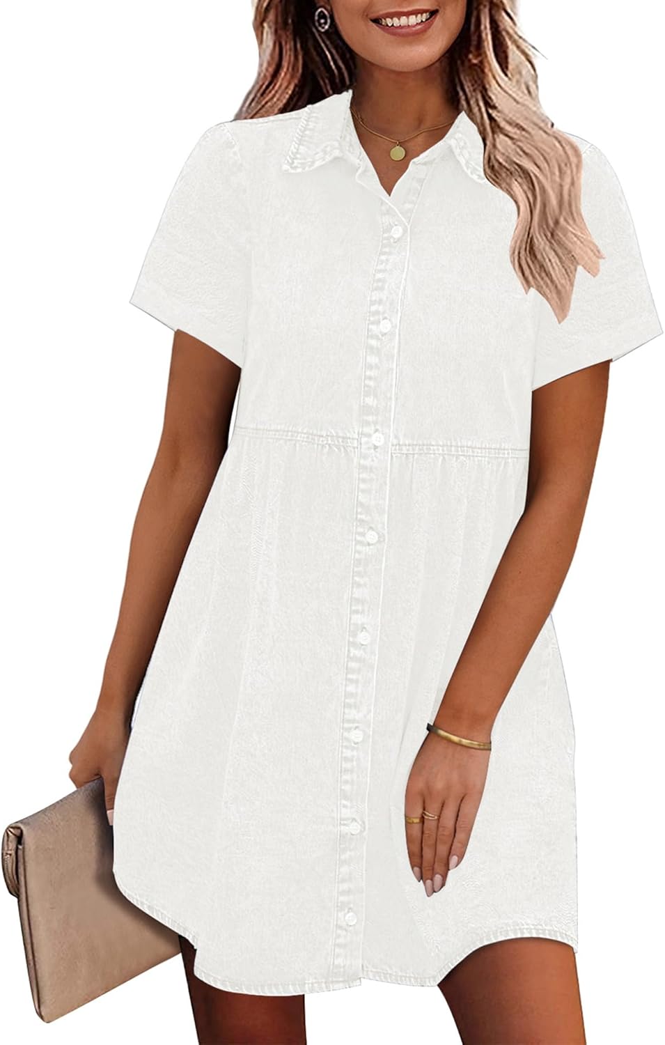 GRAPENT Denim Dress for Women Babydoll Tiered Short Sleeve Button Down Jean Shirt Dresses