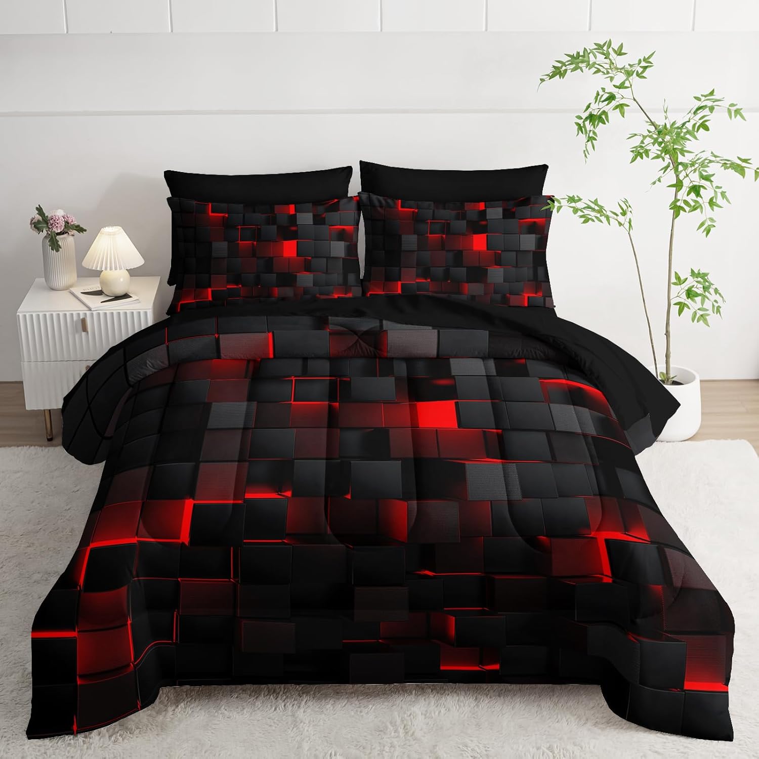 Geometric Red Black Twin Comforter Set,Light Honeycomb Bedding Set 7 Piece in A Bag,Bed Sheet Set Geometry Decor,Microfiber Lightweight All Season