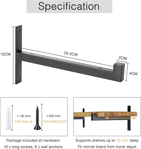 Miniatura 7 de OVOV 4 soportes de estante resistentes montados en la pared de metal industrial (8 pulgadas, 4 unidades, negro)