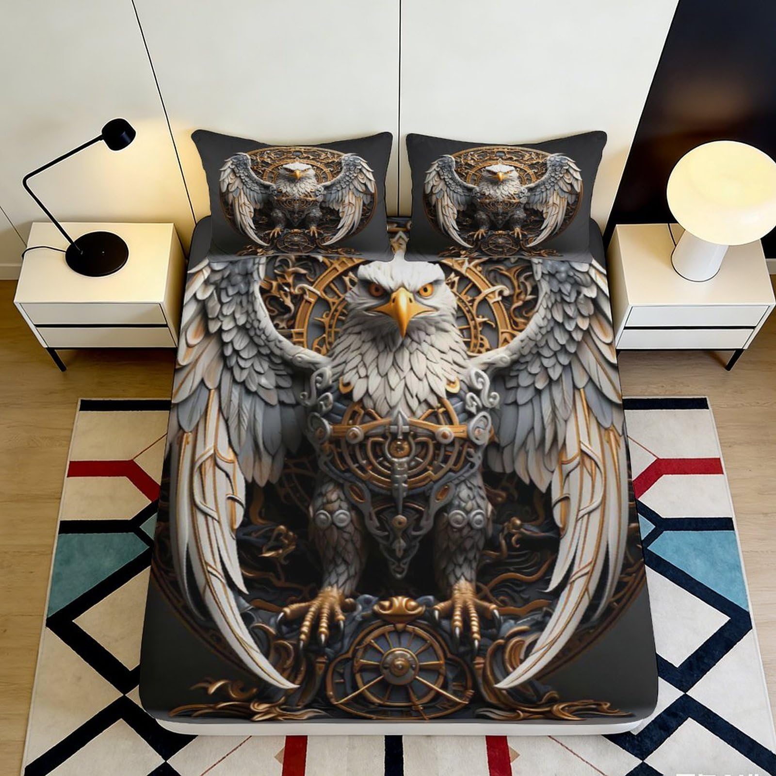 3D Printed Majestic Eagle Fitted Sheet Microfiber Soft Breathable Golden Wings Bed Cover for Bedroom Guest Room Decor 90x200x25cm
