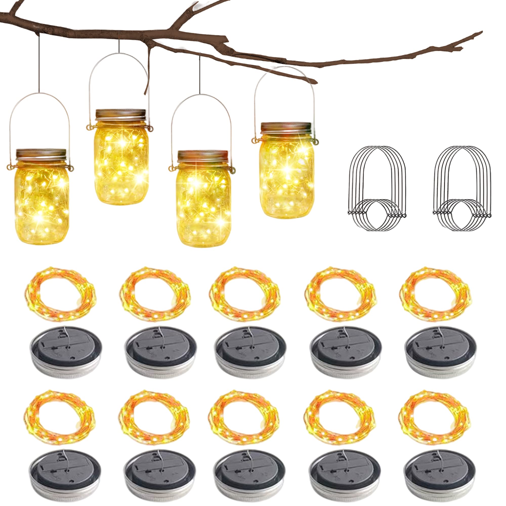 SmilingTown Solar Mason Jar Lid Lights, 10 Pack 30 LED Fairy Lights String Lids Lights Including 10 Pcs Hangers,for DIY Party Christmas Wedding Table Festival Gift(No Jars) (Warm White)