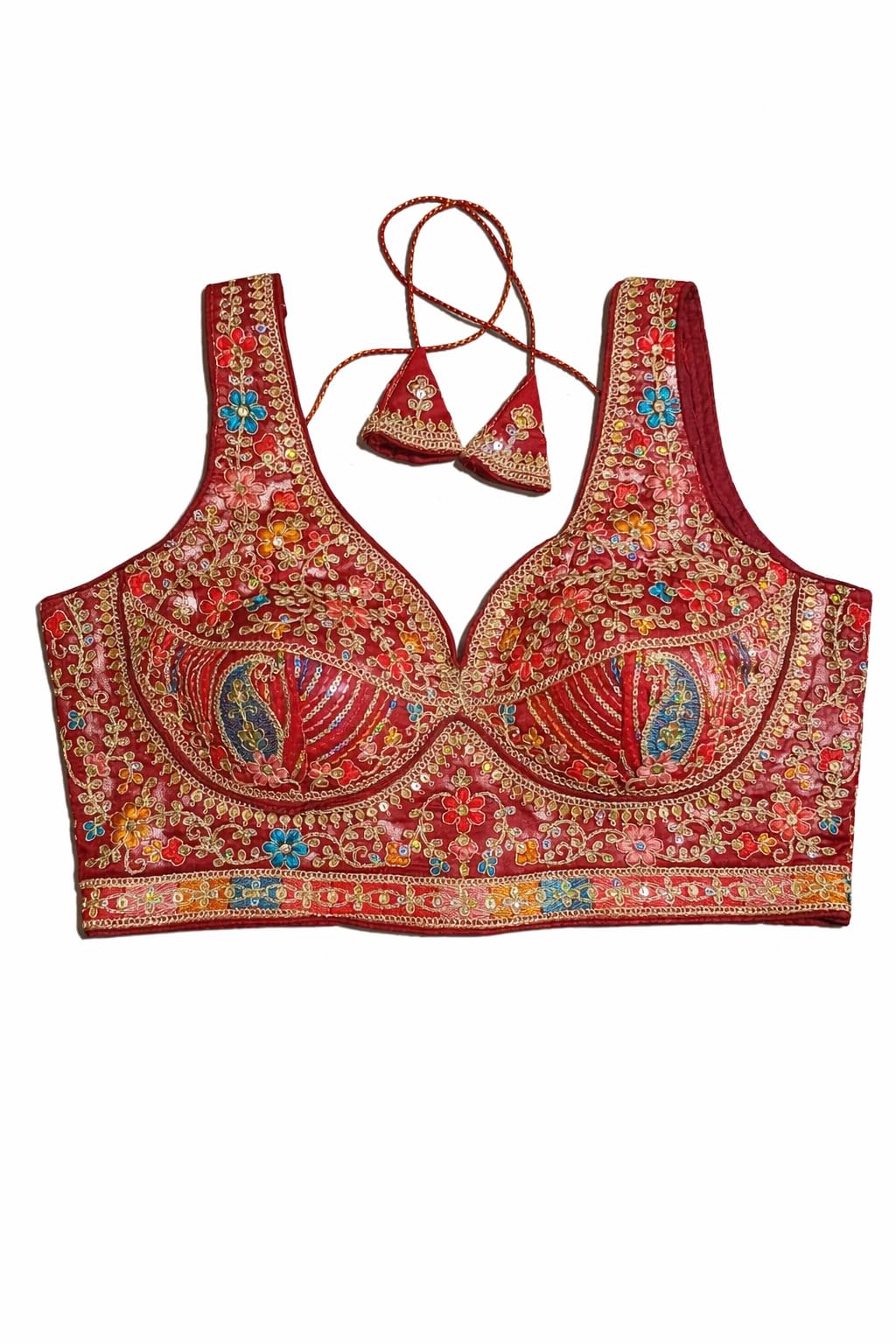 Embroidered Choli Blouse, Maroon with Multicolor Floral Sequin Work, Traditional Indian Bridal Wear-picture-46