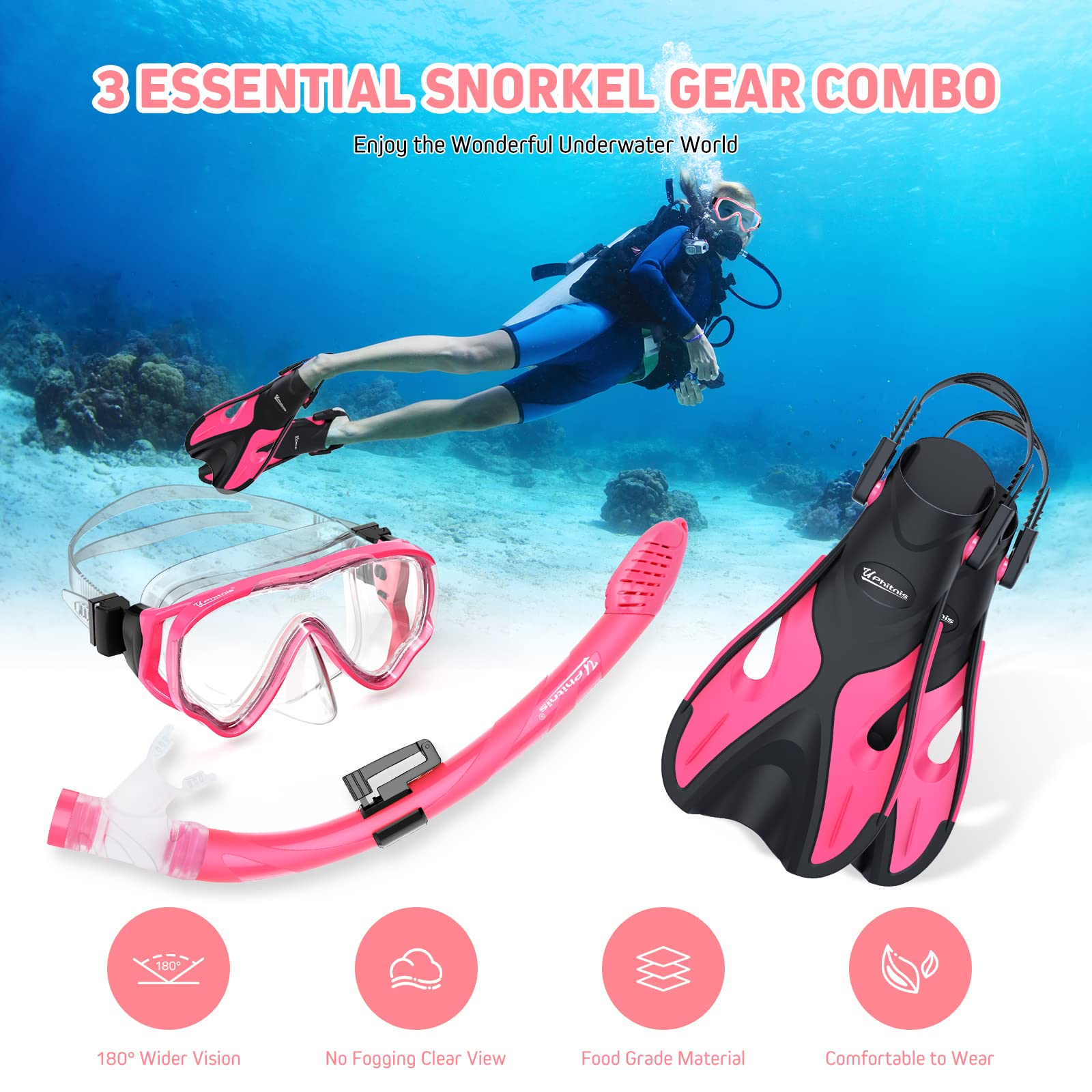 UPhitnis Schnorchelset Kinder mit Flossen,Anti-Fog 180°Panorama Taucherbrille Kinder, Verstellbaren Schwimmflossen und Premium Dry Schnorchel,3 in 1 Schnorcheln Set für Kinder mit Tragetasche