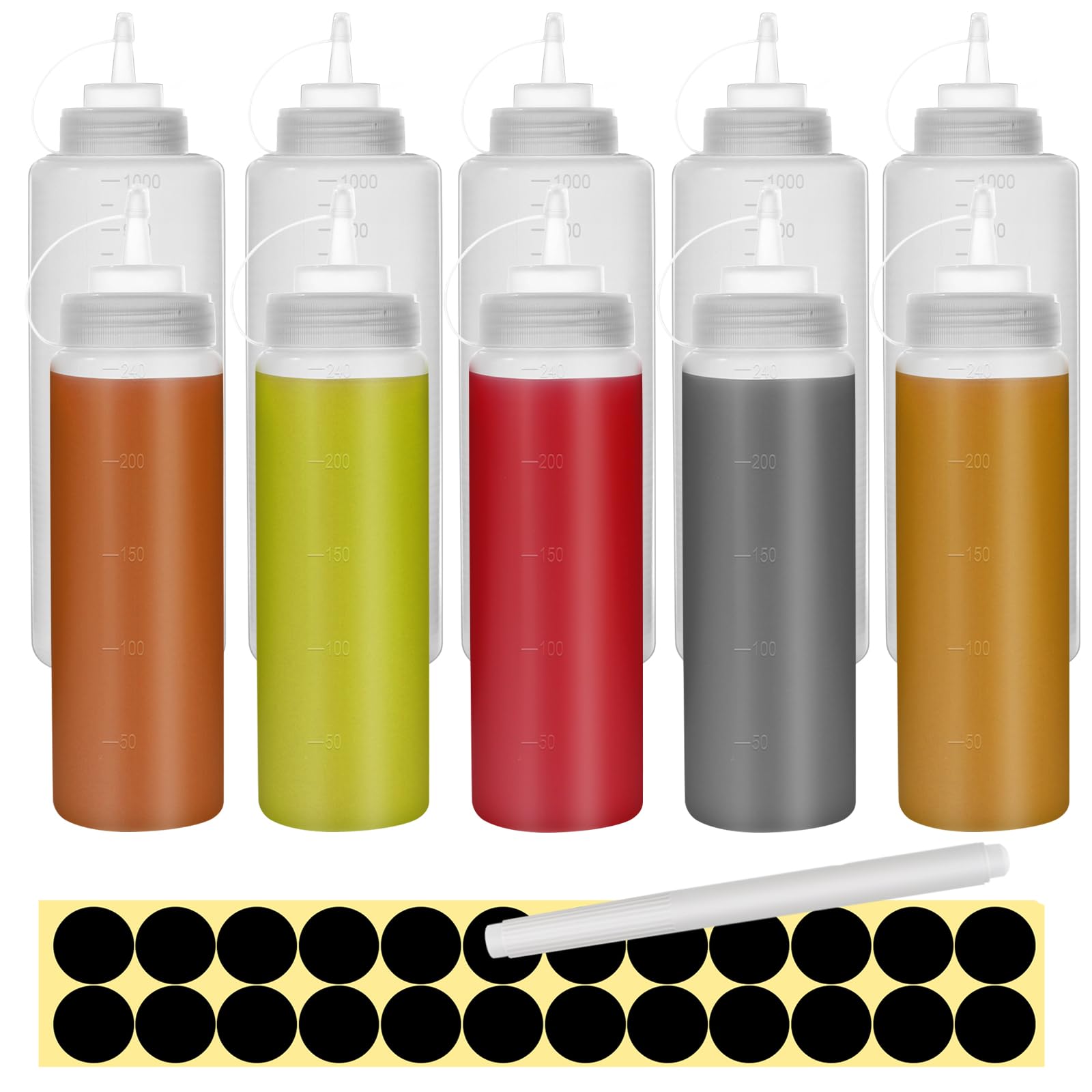 Happybase Pack of 10 Squeeze Bottles, 16 oz / 32 oz Squeeze Bottles with Twist Lid, 500 ml / 1000 ml Multi-Purpose Spray Bottles, Sauce Bottle, Plastic Dosing Bottles for Sauce, Grill, Paint and Olive