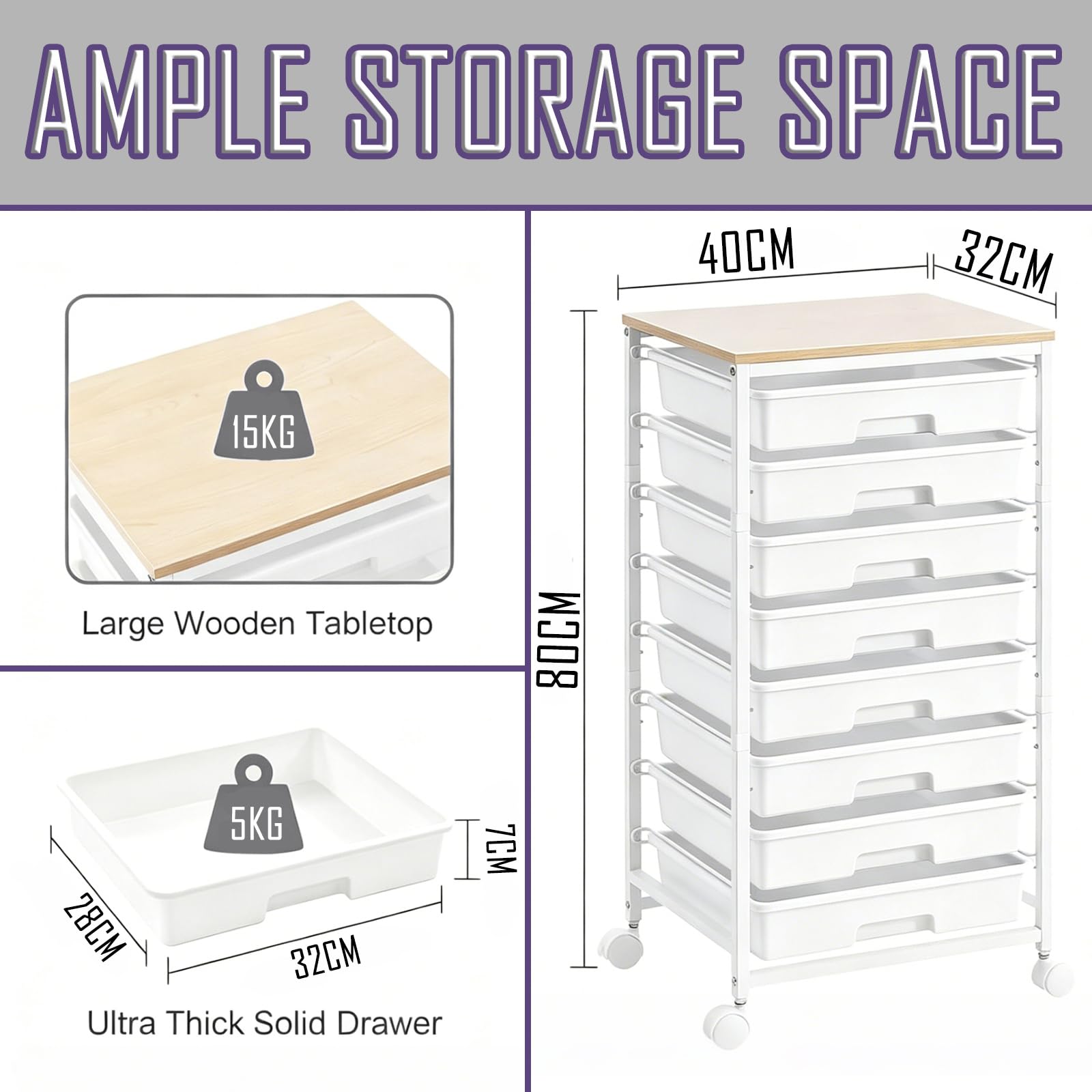 Cajonera con Ruedas de 8 Cajones, Plástico con Encimera de Madera, Mueble Almacenamiento Móvil Multiuso