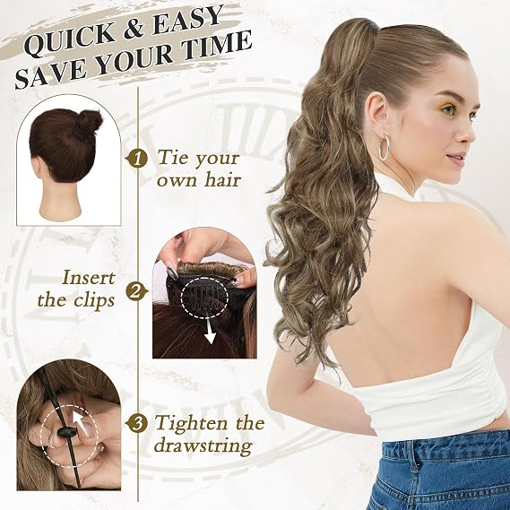 BARSDAR Highlight Ponytail Extension - 20 Inch Curly Wavy Drawstring Ponytail Hair Extensions for Women - Synthetic Clip in Pony Tails Hairpieces Fake Ponytails- Ash Brown & Blonde