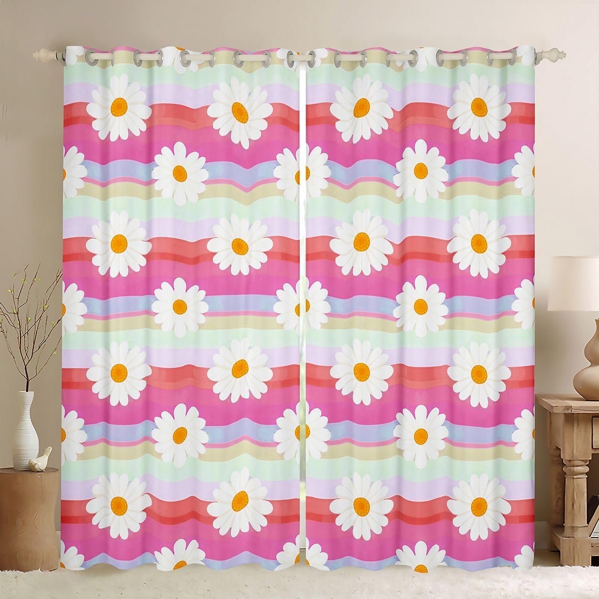 Feelyou Pink Daisy Blackout Curtains Botanical Floral Printed Darkening Drapes for Bedroom Living Room Decor Botanical Floral Printed Thermal Insulated Shades Window Treatments, 2 Panels 38 x 54 Inch